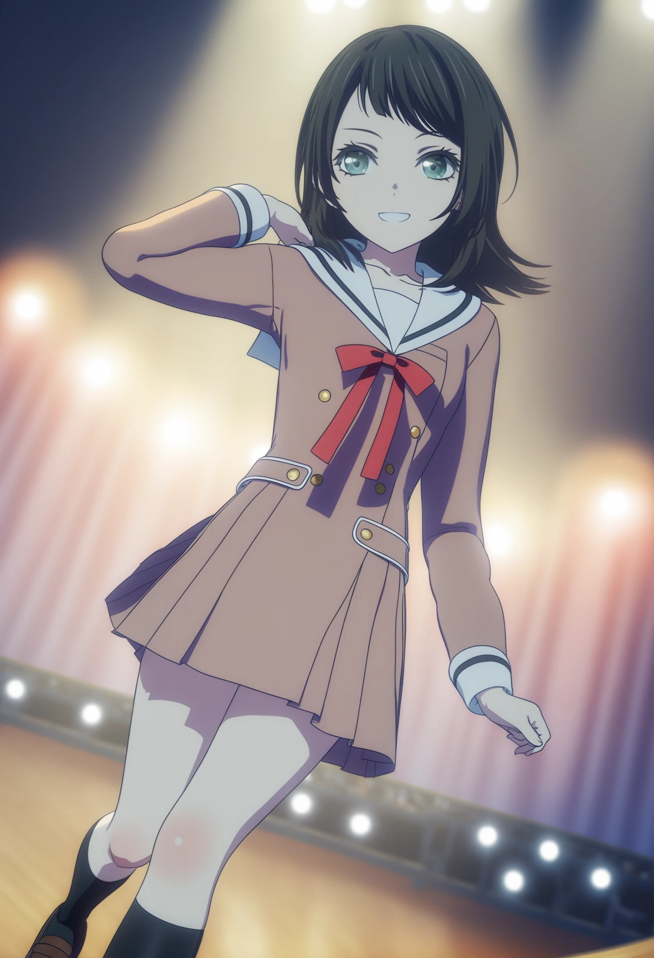 score_9,score_8_up,score_7_up,source_anime,cinematic_angle,dynamic_angle,
spacious,stage,concert hall,
morning,day,sunlight,
maiden,a slim figure,small breasts,
1girl,solo,standing,(arms cross:1.1),
(looking at viewer:1.1),smile,kind_smile,
<lora:Yahata UmiriV3:1>,Yahata Umiri,winter uniforrm,green eyes,black hair,long hair,hanasakigawa school uniform,school uniform,dress,sailor dress,brown dress,red ribbon,ribbon,long sleeves,buttons,neck ribbon,double-breasted,sailor collar,medium hair,white sailor collar,socks,pleated dress,black socks,loafers,shoes,brown footwear,kneehighs,