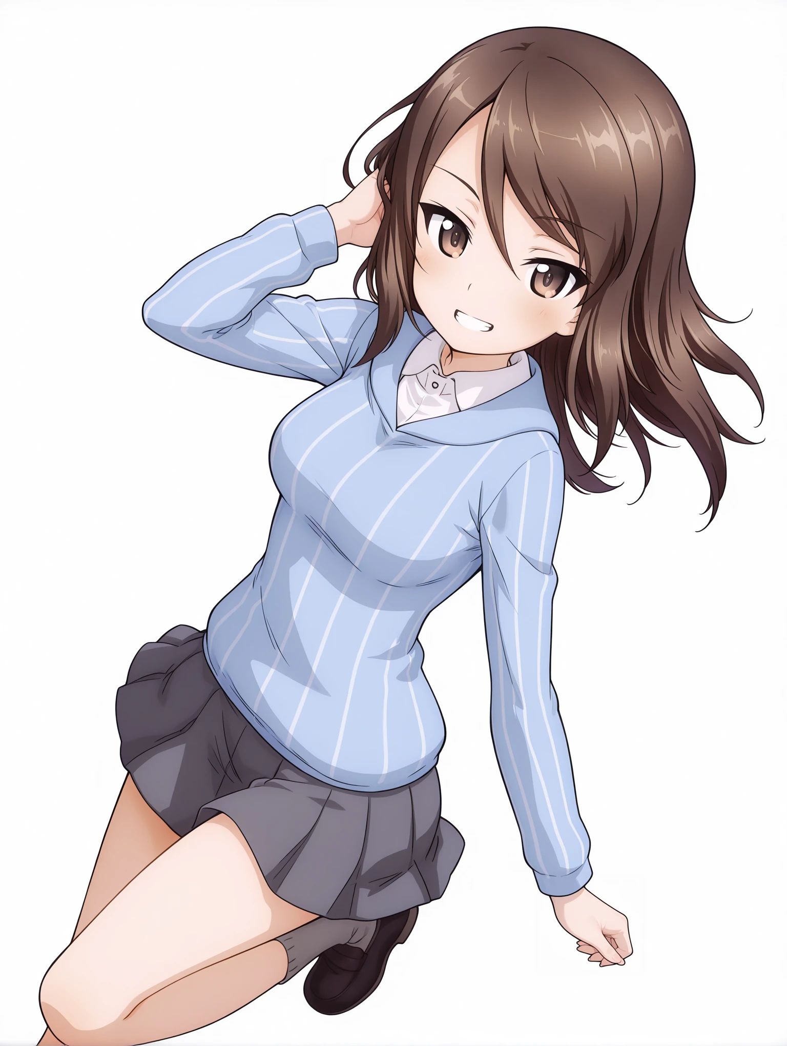 masterpiece,best quality,amazing quality,
1girl,solo,
<lora:mika_ilxl_v1>,mika,m_seifuku,keizoku school uniform,long_sleeves,wing collar,vertical-striped shirt,grey skirt,grey socks,black footwear,
<lora:Fixhands_anime_bdsqlsz_V1:1>,looking_at_viewer,white_background,simple_background,dynamic_angle,cinematic_angle,cowboy_shot,grin,hand_in_hair,, masterpiece,best quality, very aesthetic, absurdres, ultra detailed, high resolution, 4k, extremely detailed CG,