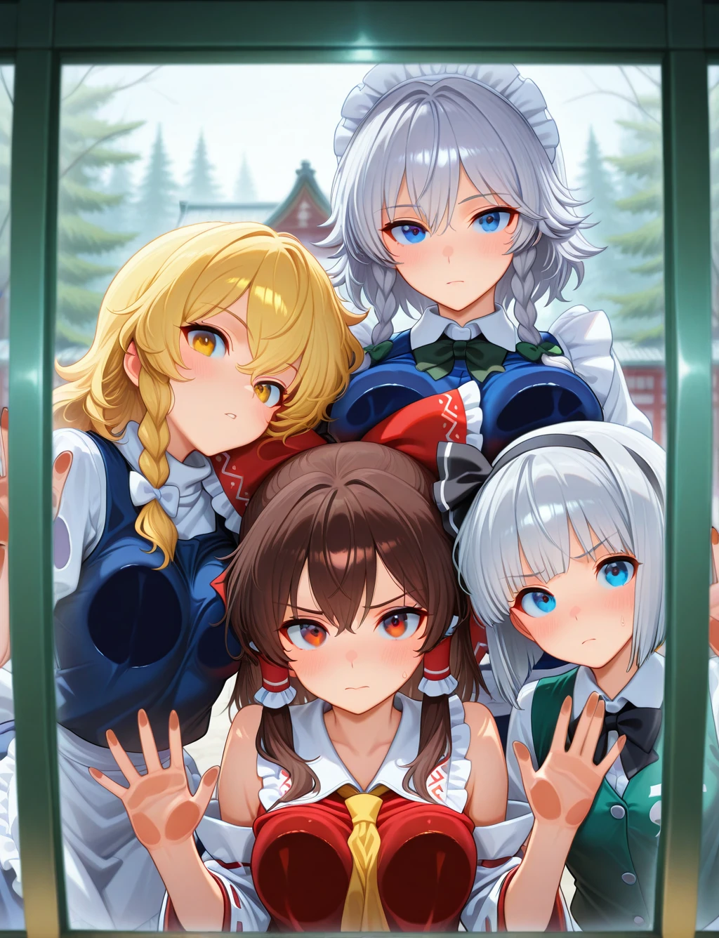 masterpiece,best quality,higres illustration,detailed face,upper body,<lora:multiglass_IL:1.2>,against glass,4girls,looking at viewer,hakurei reimu,kirisame marisa,izayoi sakuya,konpaku youmu,window,