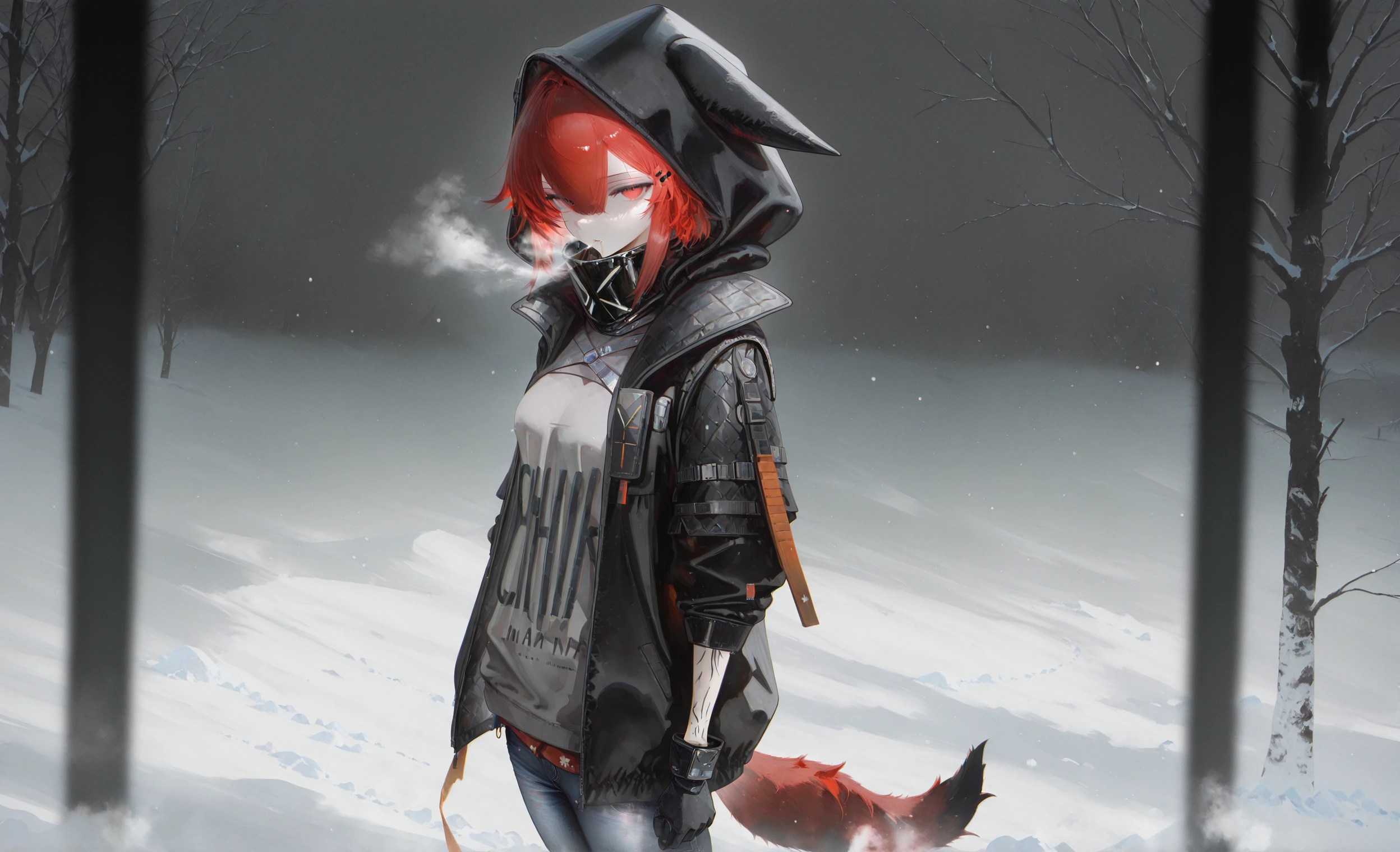 masterpiece, best quality, amazing quality, very aesthetic, absurdres, newest, (96yottea:0.45), (reoen:0.65), (anemo agm:0.85),
1girl, solo, Crownslayer, animal ears, tail, red hair, short hair, hairclip, red eyes, bangs, hair between eyes, looking at viewer,
black jacket, hood, hood up, grey shirt, black jeans, mask, black gloves
standing, (watercolor:1.4), winter, snowfall, steam from mouth, sideview,