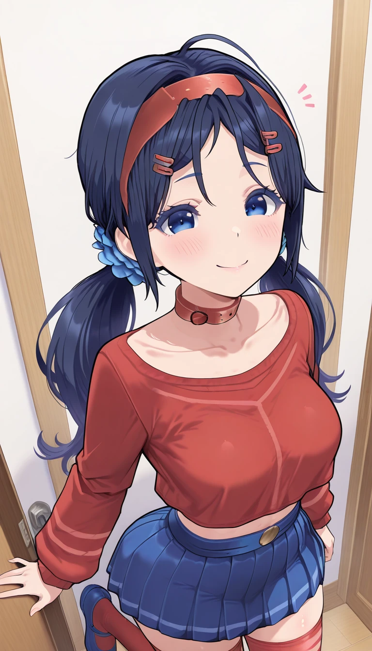 (masterpiece),best quality,amazing quality,very aesthetic,absurdres,newest,perfect body,shiny skin,perfect eyes,detail1eye,well-defined fingers,well-defined fingernails,anime style,indoors,1girl,solo,upper body,(portrait:1.5),looking at viewer,facing viewer,smile,blush,Crazy Mita,long hair,black hair,low twintails,red hairband,hair ornament,hair scrunchie,blue scrunchie,hairclip,sidelocks,parted bangs,blue eyes,red choker,collarbone,red shirt,midriff,medium breasts,long sleeves,miniskirt,blue skirt,pleated skirt,red thighhighs,zettai ryouiki,mary janes,blue footwear,<lora:Mita(miside)-Illus-Remake:2>,