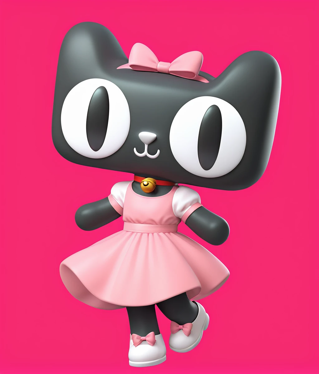 Score_9,score_8_up,score_7_up,solo,:3,black eyes,big eyes,white nose,black skin,red choker,bow hairband,bell,dress,no_humans,<lora:Role_Tmall:0.8>,pink background,