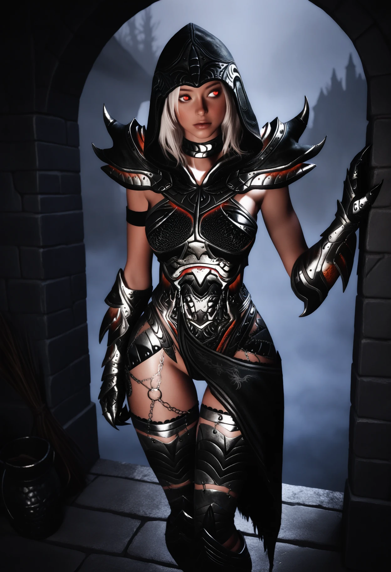 ((masterpiece, best quality, absurdres)),
1girl, solo, white hair, red eyes,
medieval, stone wall, dark, fog,
simple background, depth of field,
<lora:Dark_DaedricReaper_Illust_v1:0.9> d4rkr34p3r, armor:pauldrons, hood, choker, gauntlets, chain:thighhighs, half-skirt, high heel boots,