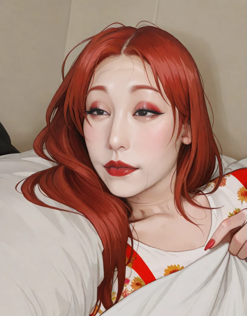 best quality, absurdres, masterpiece, solo, <lora:Yeji_IL-06:1>, yeji, korean woman, pale skin, makeup, eyeshadow, red lips, red fingernails, long hair, straight hair, red hair, black eyes, fashion clothes, indoors, ict style, <lora:AromaSenseiIllus:0.25>, <lora:kittew-artist-richy-v1_ixl:0.25>, (blocky;painterly;icjournals:1), <lora:Incase_New_Illust:0.5>, <lora:limmy_waking_up:1>, limmy_waking_up, blanket