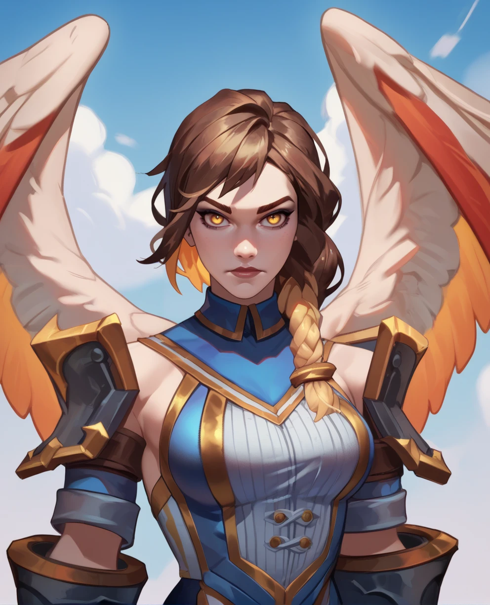 score_9,score_8_up,score_7_up,score_6_up,score_5_up,score_4_up,
Furiaxl,yellow eyes,multicolored hair,brown hair,braid,multi colored feathered wings,
pauldrons,leotard,gauntlets,
upper body,looking at viewer,
cloudy sky,<lora:FuriaPLDxl:1>,
