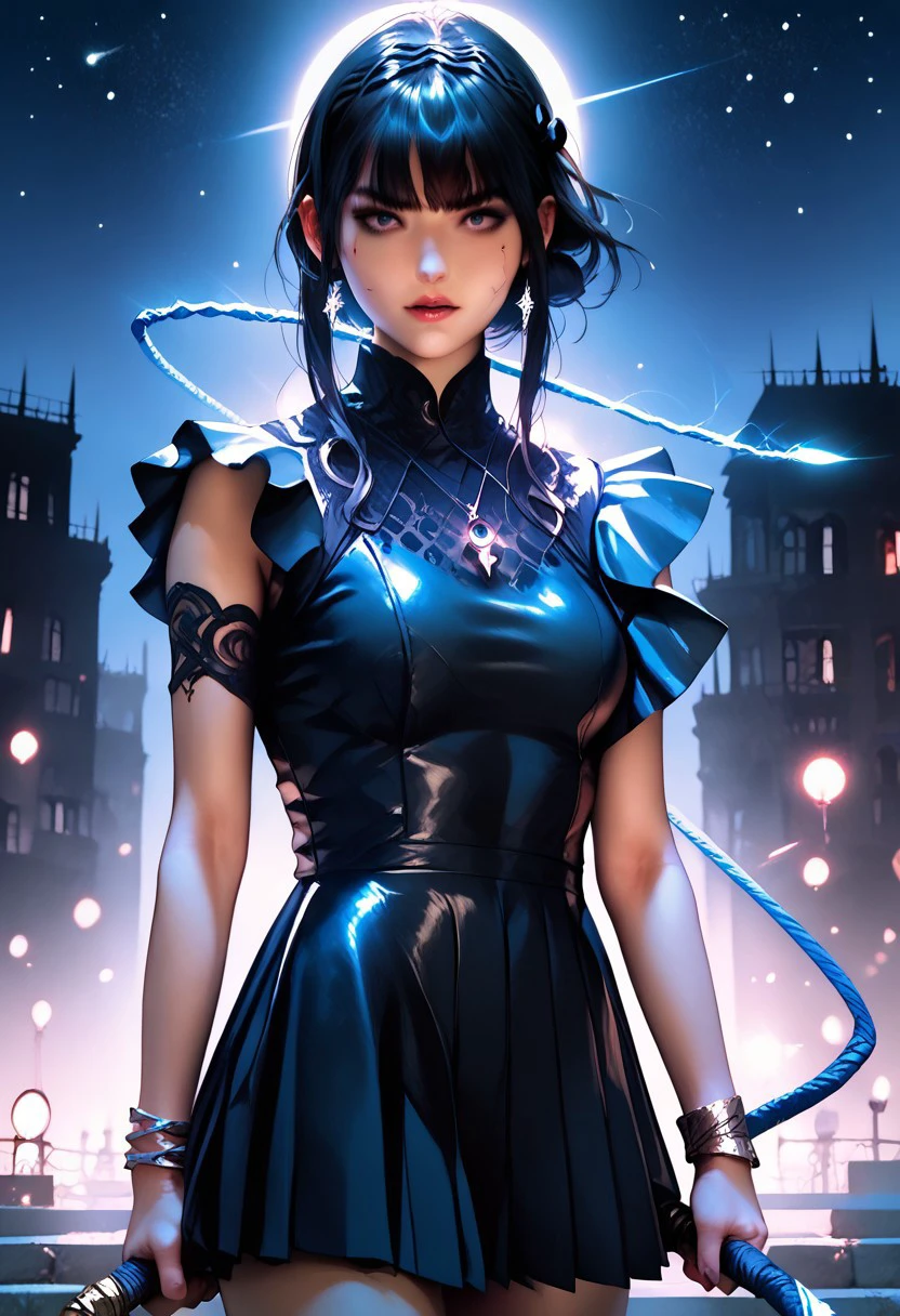 score_9, score_8_up, score_7_up, score_6_up, score_5_up, depth of field,lens flare,realistic,Best quality,masterpiece,ultra high res,rating_explicit,  no hands,
1girl,Carmeara,black leather jacket, black dress,pleated skirt,black hair band,lace sleeves,bracelet,high heels,black stockings,necklace,bangs,
blue whip,glowing whip,long whip,holding_whip,whipping action,gorgeous woman whipping, evil face, night sky,starry sky, universe,