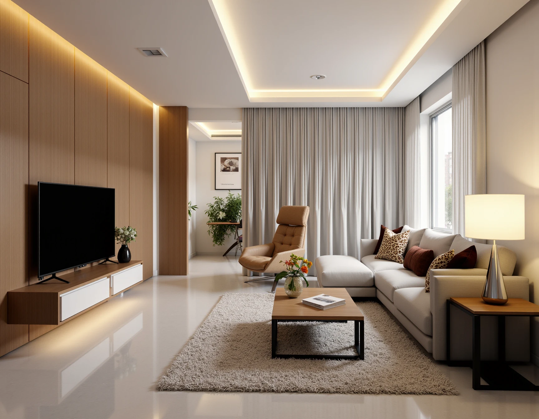 <lora:JJsLivingRoom_Flux:1> , ((living room)) ,((best quality)),((masterpiece)),((realistic)), photorealistic, chair , authentic, soft lighting,indoor scenery, tv ,wall ,rug , lamp, flower, vase , table ,ceiling light , plant, window ,curtain ,couch, dramatic lighting,