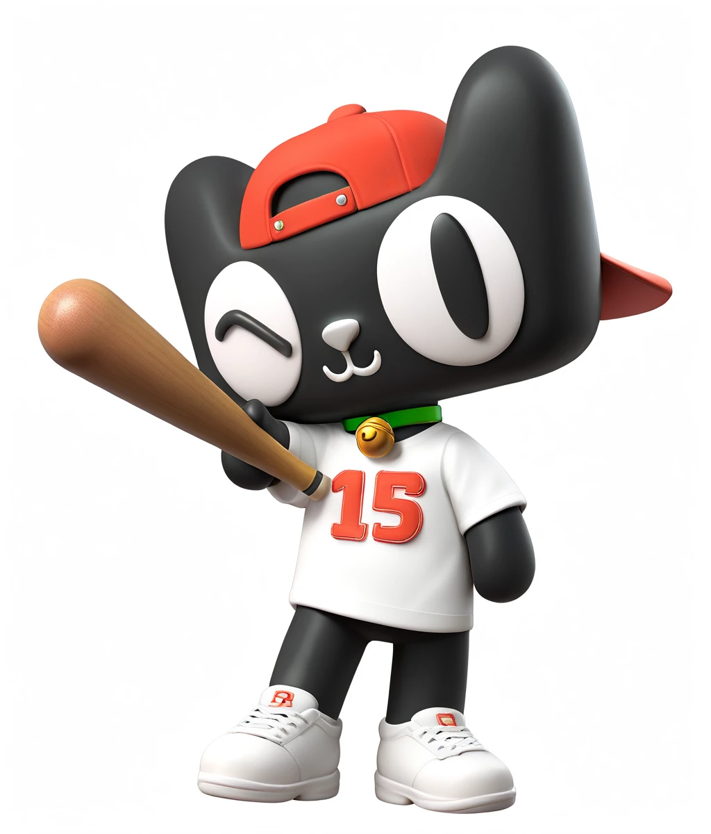 Score_9,score_8_up,score_7_up,solo,:3,wink,big eyes,white nose,black skin,green choker,bell,no_humans,<lora:Role_Tmall:0.8>,white background,baseball cap,holding baseball bat,