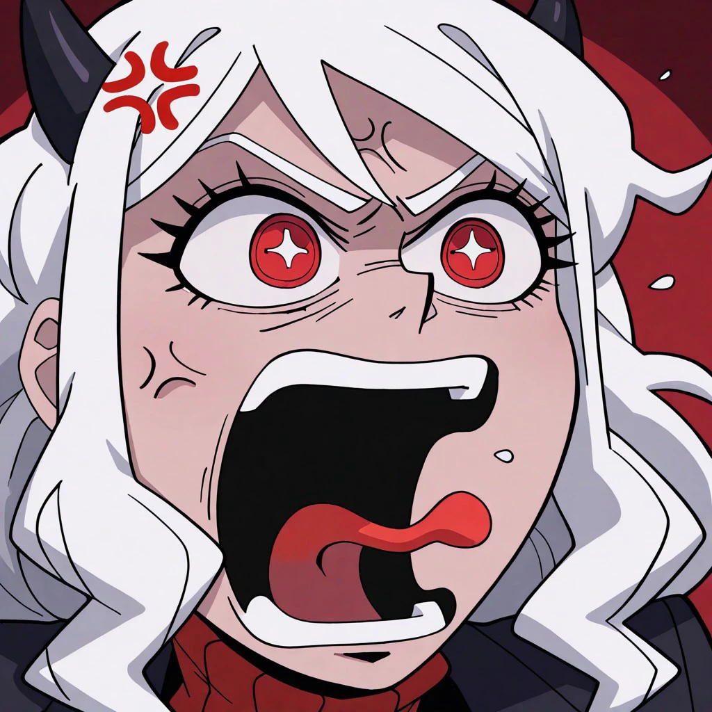 masterpiece, best quality, newest, absurdres, highres, anime, anime style, REEEEEEEEEEEEE-V1.1, angry, scream, tongue, tongue out, open mouth, anger vein, 1girl, modeus_(helltaker), white hair,