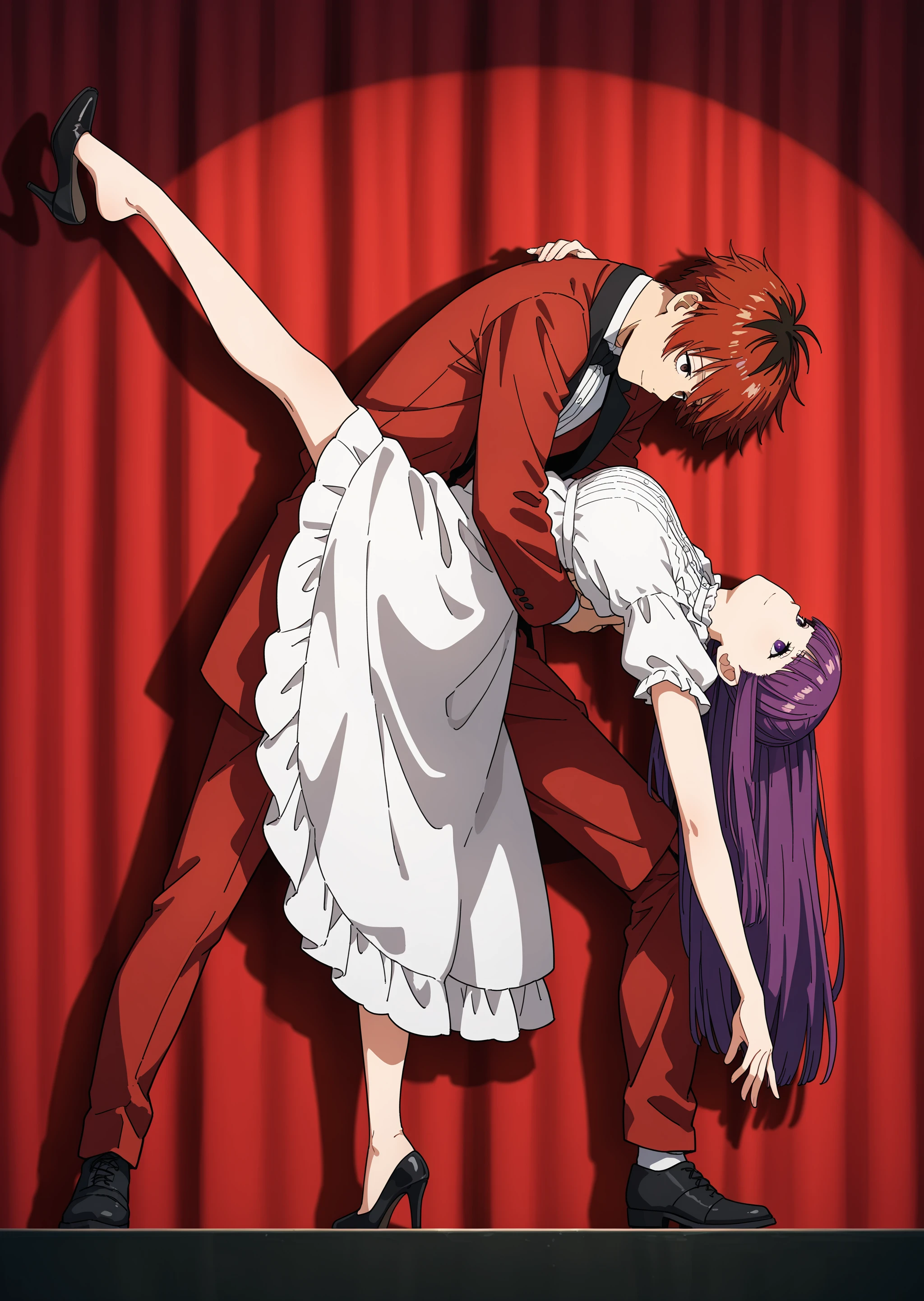 masterpiece, best quality, absurdres, safe
1girl, 1boy, dancing, leg up,
fern \(sousou no frieren\), stark,
white dress, frilled dress, red suit, formal, light smile,
high heels, shoe dangle,
stage, red curtains, spotlight
<lora:dip_dancing_il_3_d16:1>