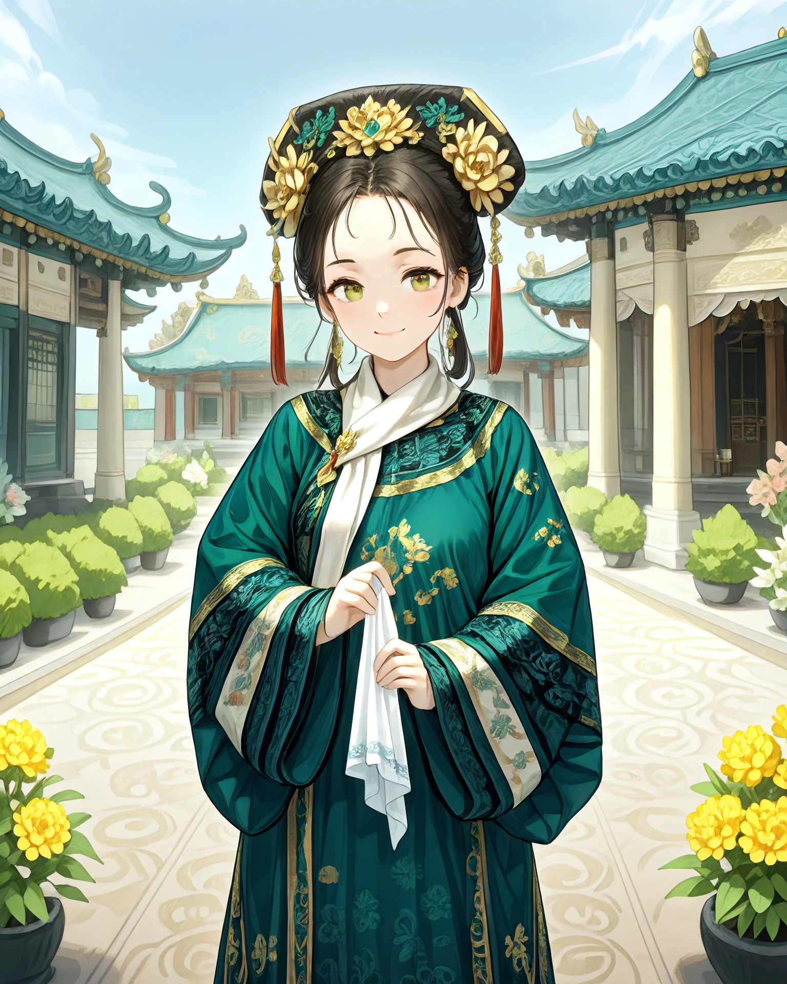 1girl, qingfa
A woman in extremely detailed green and blue qingfa clothing stands in a beautiful palace garden. She is surrounded by carefully planted blue and yellow flowers. In the background, the exterior of a Chinese palace is visible. She holds a handkerchief in one hand, and she tilts her head slightly. There is a beautiful blue sky stretching above her, and warm sunny lighting.
(qingfa scarf:1.1), blue and green clothing, gold accents, garden, flowers, outdoors, chinese building, chinese palace, (broad shoulders:1.1), detailed background, light_smile, intricate patterned fabric, brocade, jacquard fabric, masterpiece, highest quality, absurdres, digital art, very detailed, holding a handkerchief, <lora:QingFashion_Illustrious-000013:1>, <lora:IL_Between_pencils_and_semi-realism_Style:0.7> stbedap