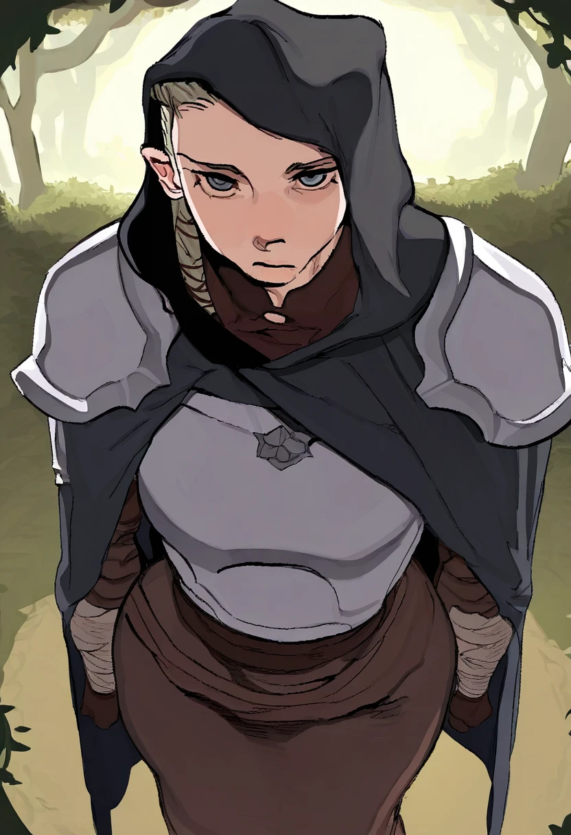 <lora:commanderIL:0.8>, erkcommander, 1girl, solo, armor, pauldrons, long skirt, upper body, forest, looking at viewer, from above, fisheye, expressionless, hooded cloak, <lora:whoopsatro-koto-illustrious 3:1>, whoopsatr,, masterpiece, best quality