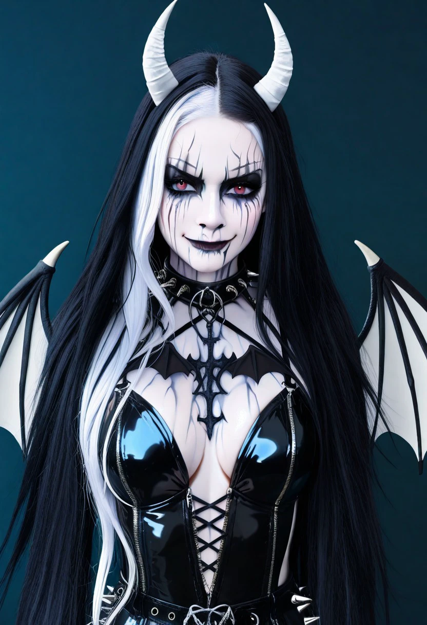 masterpiece, best quality, newest, absurdres, highres, anime, anime style, CorpsePaint-ILV1.0, 1girl, white skin, white colored skin, pale skin, albino, albino skin, horns, demon horns, demon girl, succubus, wings, bat wings, demon wings, goth, goth girl, goth makeup, runny makeup, smile, grin, closed mouth,