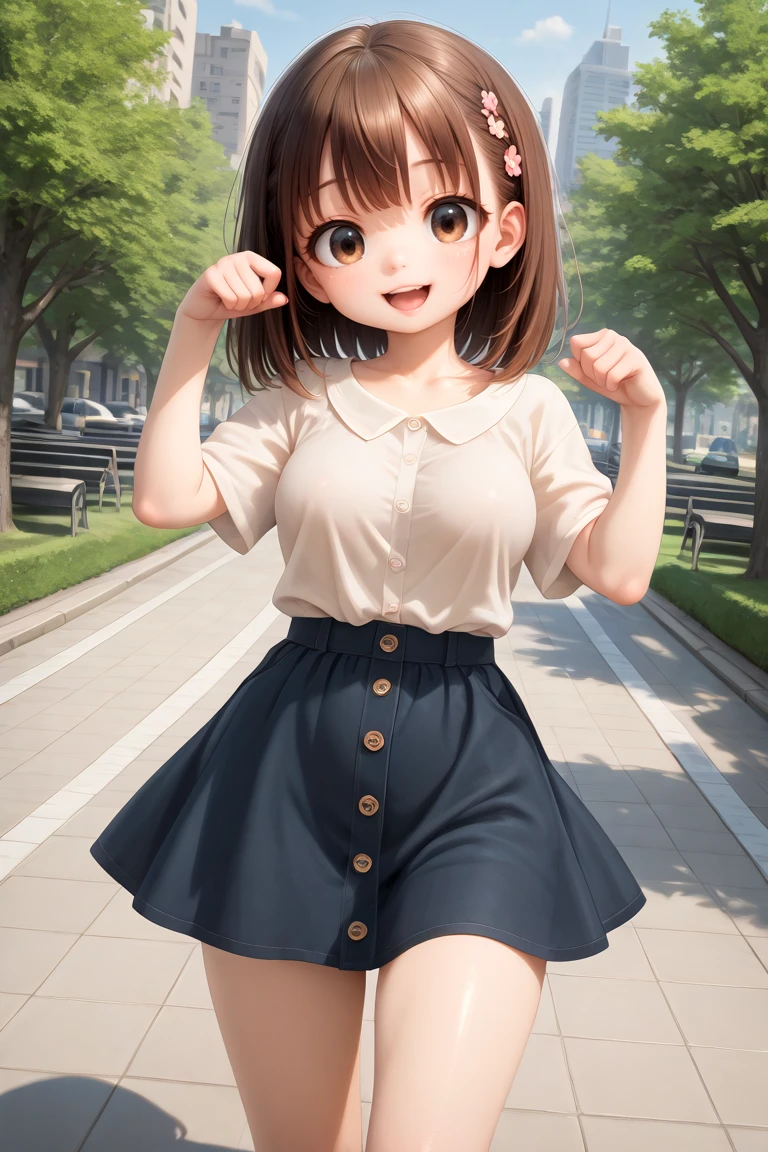 masterpiece, best quality, amazing quality, very aesthetic, absurdres,
cute round face, slender, detailed eyes, detailed hair, kawaii,
1girl, solo,
dynamic angle,
best shadow, an extremely delicate and beautiful, gleaming skin, cowboy shot,
in a park, city, standing, cute pose, smile,
wearing casual fashion, wearing harajuku fashion, wearing skirt,
breasts, extremely detailed eyes, open mouth, (brown hair, brown eyes:1.2)
