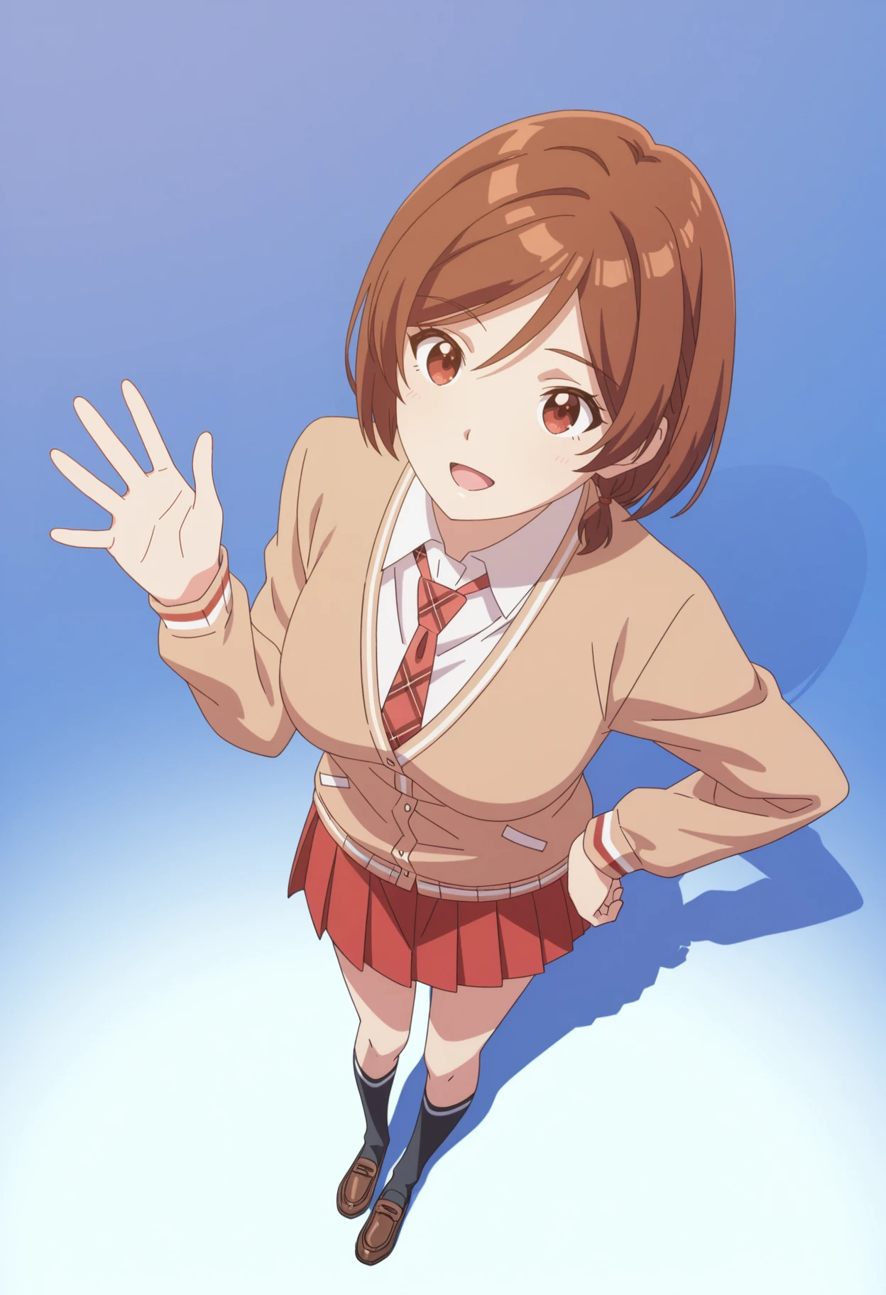<lora:Sakuraimori Akane_illustrious-000018:1>,Sakuraimori Akane,solo,red skirt,brown hair,necktie,red eyes,brown cardigan,short hair,full body,school uniform,smile,open mouth,hand on own hip,red necktie,white shirt,black socks,standing,simple background,white background,
loafers,from_above,waving