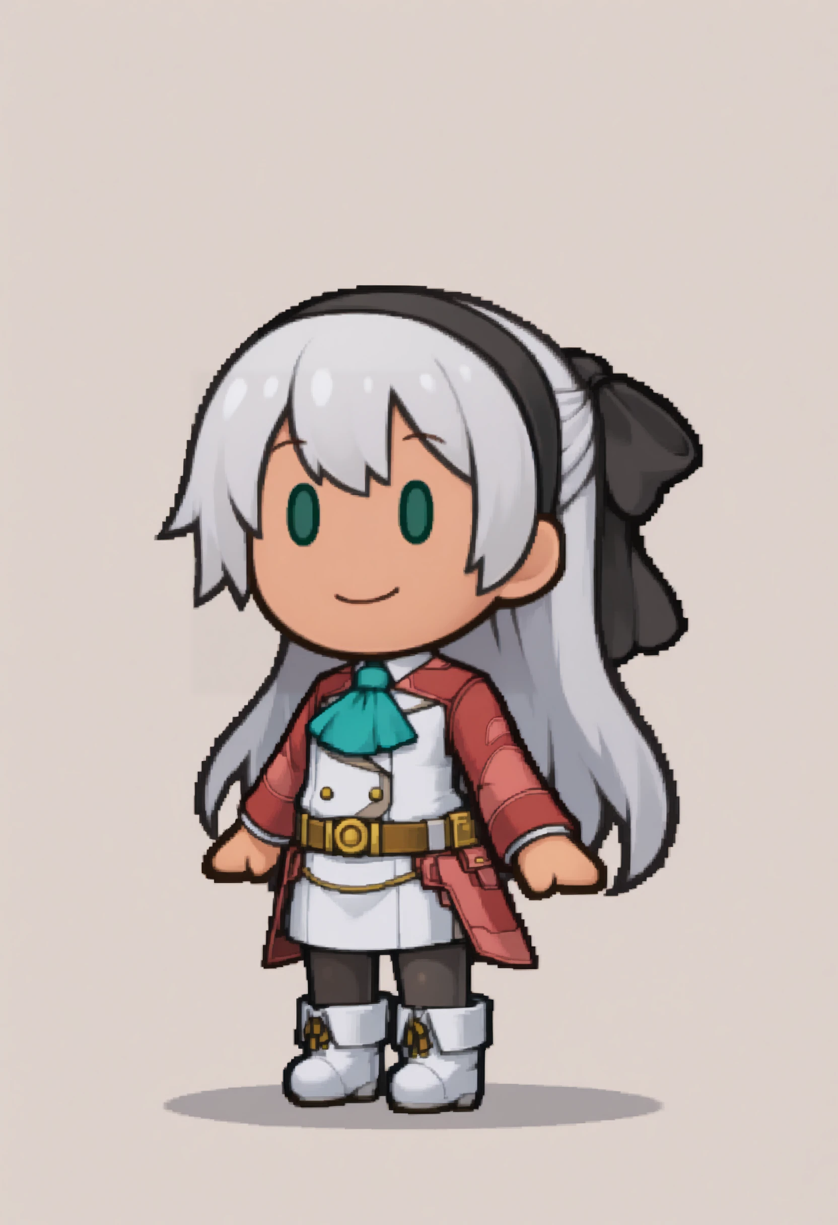 masterpiece, best quality, solo, 1girl, smile, looking at viewer, <lora:PM-TTYD-Sprites-illus_Fp:1>, chibi, simple background, full body, solid oval eyes, <lora:elie-illu-nvwls-v1:1>, zrelie, grey hair, long hair, half updo, green eyes, black hairband, hair ribbon, white and red uniform, white dress, aqua ascot, brown belt, black pantyhose, white boots,
