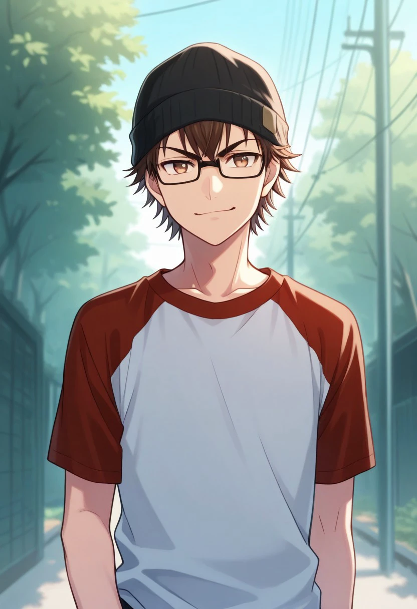 masterpiece, best quality,
miyukazu, 1boy, male focus, solo, brown eyes, glasses, brown hair, short hair, hat, beanie, t-shirt, raglan sleeves, smirk,
outdoor
