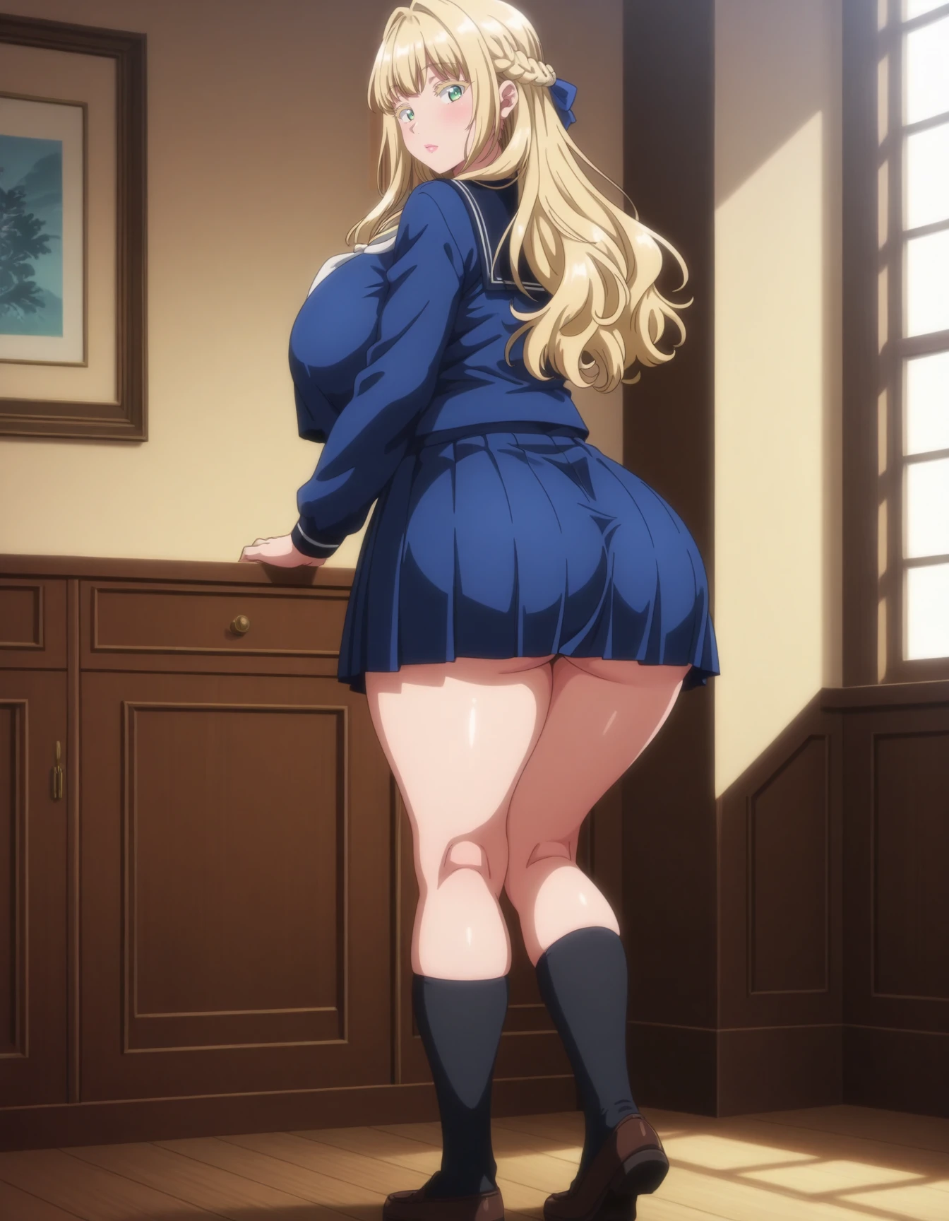 amazing quality,very aesthetic,absurdres,best quality,newest,masterpiece,4k resolution,1girl,solo,<lora:anime_screencap-Illustrious:1>,anime screencap,<lora:Louisa_Richter_Noob_Lora:1>,LouisaRichter,1girl,solo,blonde hair,long hair,french braid,colored eyelashes,green eyes,huge breasts,blue serafuku,long sleeves,pleated_skirt,blue short skirt,black socks,pink lips,full body,standing,looking back,round ass,ass,
