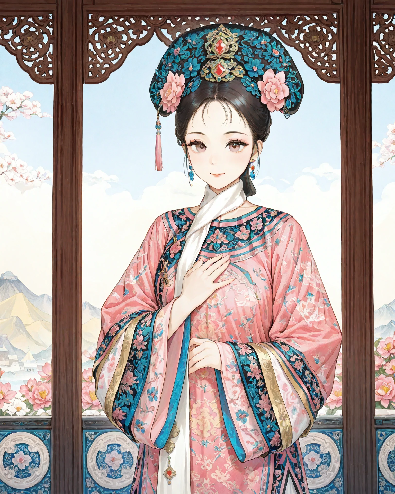 1girl, qingfa, (qingfa scarf), pink clothing, blue accents, touching own chest, palace garden, flowers, outdoors, light_smile, intricate patterned fabric, brocade, jacquard fabric, masterpiece, highest quality, absurdres, digital art, very detailed, <lora:40hara_illustrious_v2:0.3>, <lora:QingFashion_Illustrious-000013:1>