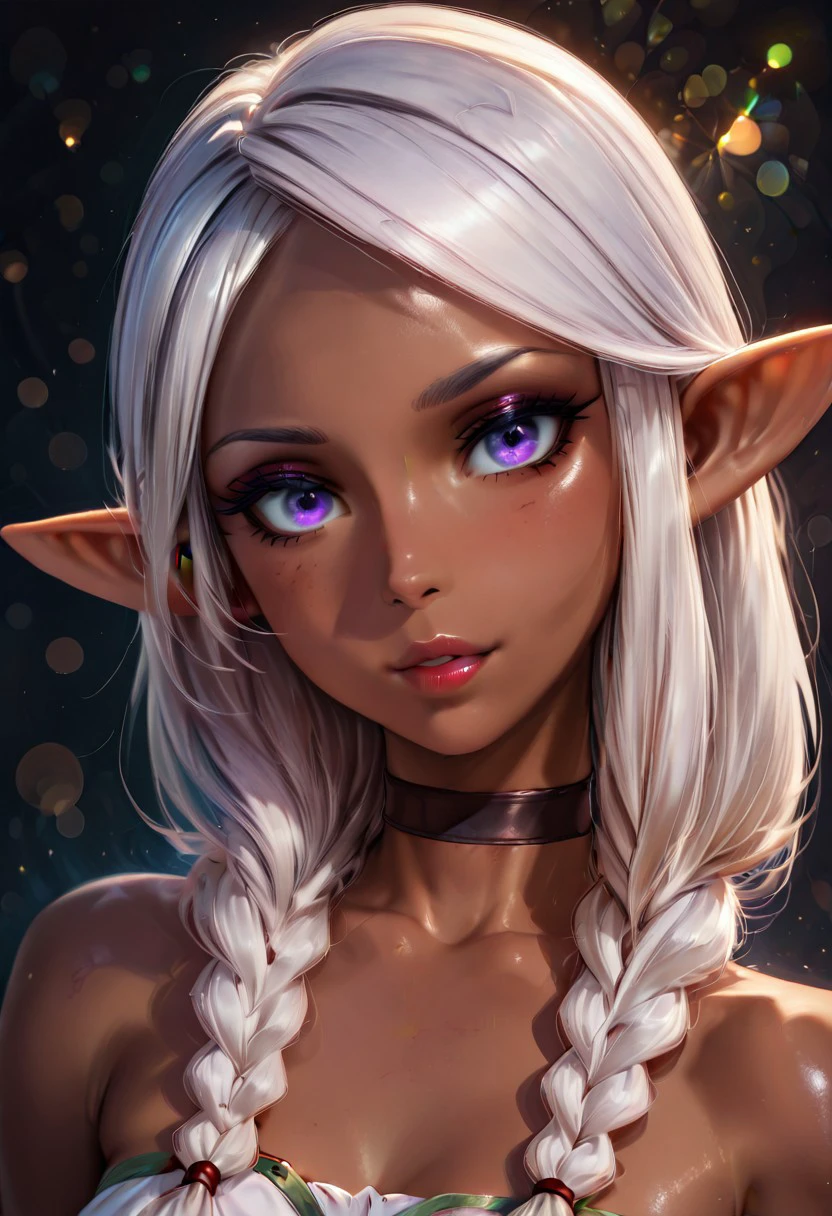 masterpiece, best quality, 1girl, solo, eyelashes, (beautiful eyes), 1girl, solo, long hair, looking at viewer, bare shoulders, purple eyes, braid, white hair, parted lips, choker, pointy ears, dark skin, twin braids, dark-skinned female, lips, eyelashes, makeup, elf, portrait, hair over shoulder, freckles, dark elf , white dress, upper body,