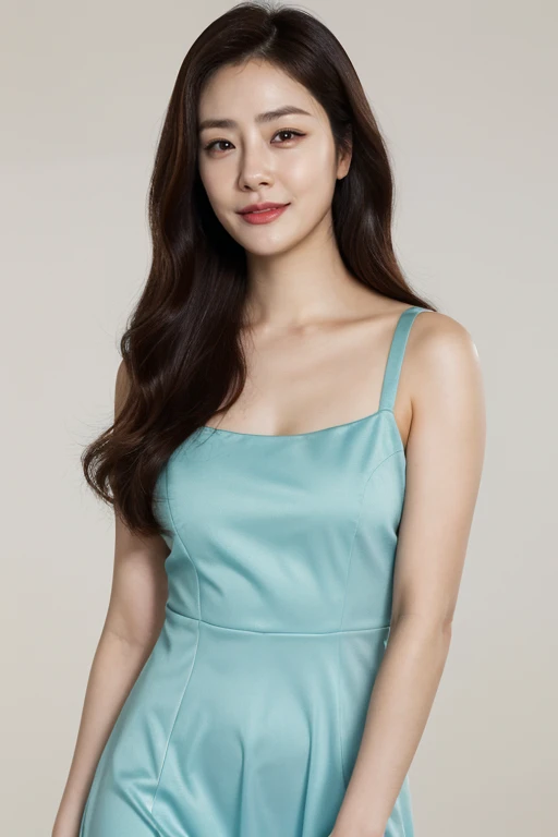 ((Highest quality、8K、masterpiece:1.3))、Realistic, Sharp focus, High resolution, High resolution,Photograph the upper body, One person、Japanese women, Beautiful woman, (((Light Blue Dress)))、30 years old, Glamorous figure, Medium Long Hair,smile、On the Plateau