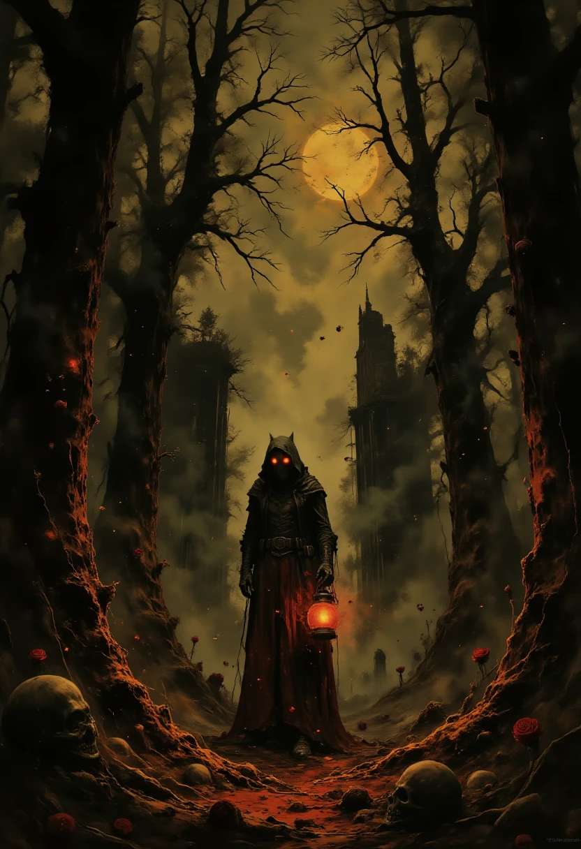 A cursed forest filled with gnarled, leafless trees whose twisted branches claw at the sky. A faint greenish mist rolls along the forest floor, which is scattered with decayed bones and glowing fungi. In the center of the scene, a shadowy figure with glowing red eyes looms, holding a lantern that casts an eerie crimson light. The faint outline of ancient ruins is visible in the distance, shrouded in darkness.