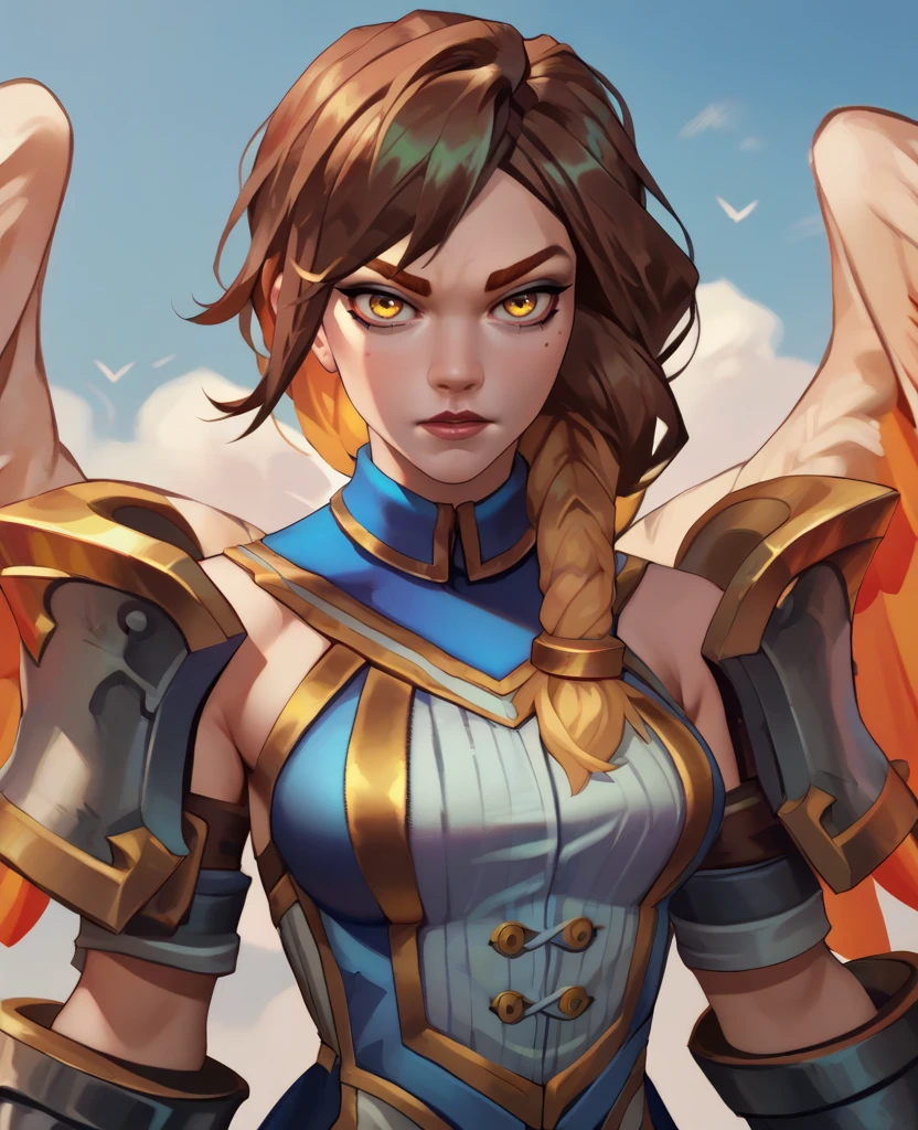 score_9,score_8_up,score_7_up,score_6_up,score_5_up,score_4_up,
Furiaxl,yellow eyes,multicolored hair,brown hair,braid,multi colored feathered wings,
leotard,armor,buttons,
upper body,looking at viewer,
cloudy sky,<lora:FuriaPLDxl:1>,