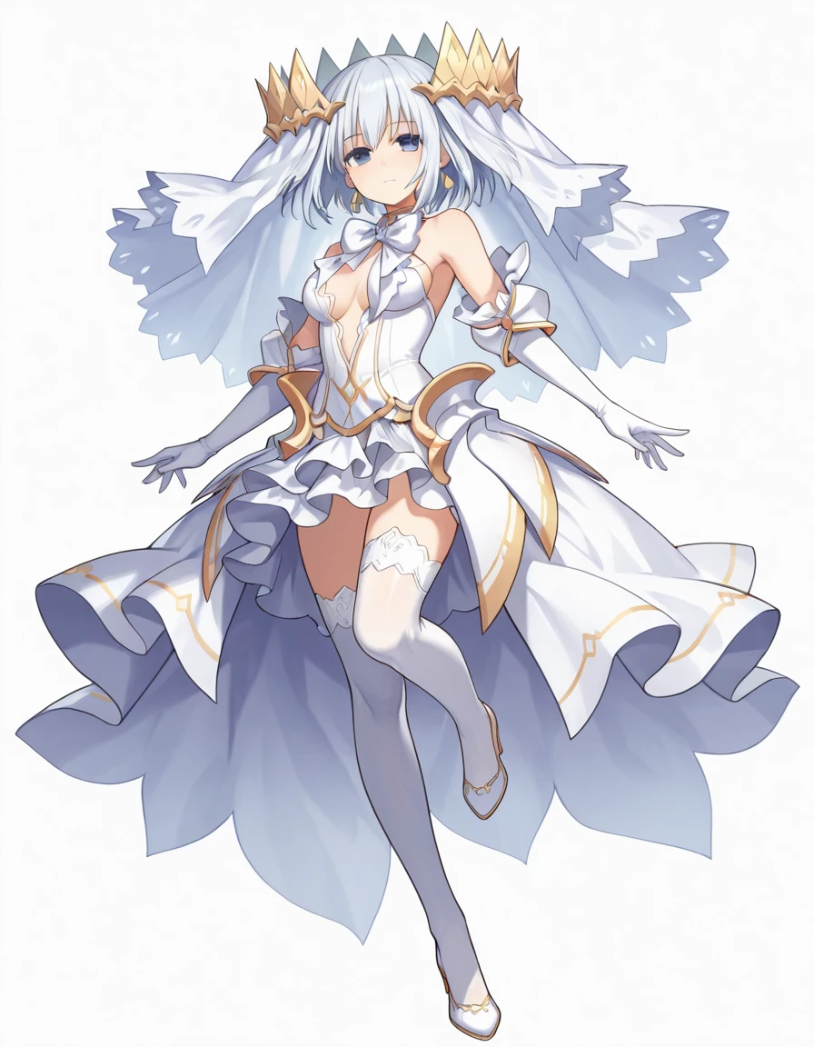 (masterpiece), (best quality), (ultra-detailed), AngelOrigami, tobiichi origami, 1girl, solo, looking at viewer, short hair, blue eyes, medium breasts, closed mouth, white hair, bridal veil, agl_thighhighs, agl_dress, agl_gloves, agl_veil, agl_heels, floating, see-through, leg up, (((detailed face))), (upper body), white background, illustration, disheveled hair, detailed eyes, perfect composition, moist skin, intricate details, earrings