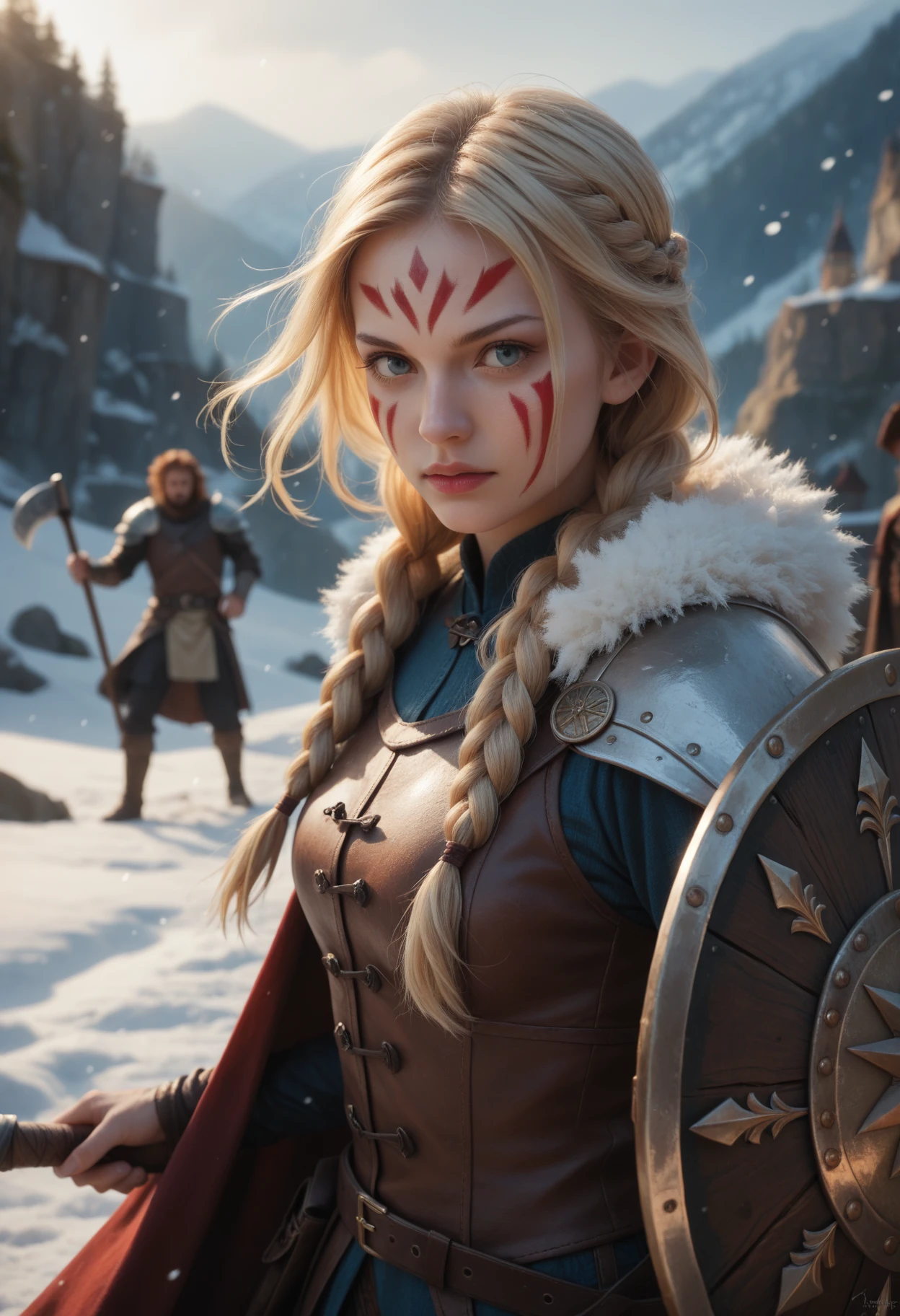 score_9, score_8_up, score_7_up, score_6_up, fantasy setting.
woman, shield, axe, action pose, blonde hair, face paint, braids, leather jerkin, fur trim, snowy scenery, blood splash, dutch angle, head focus.
Detailed realistic photo, fine texture, incredibly lifelike
<lora:CinematicStyle_v1:1> depth of field,