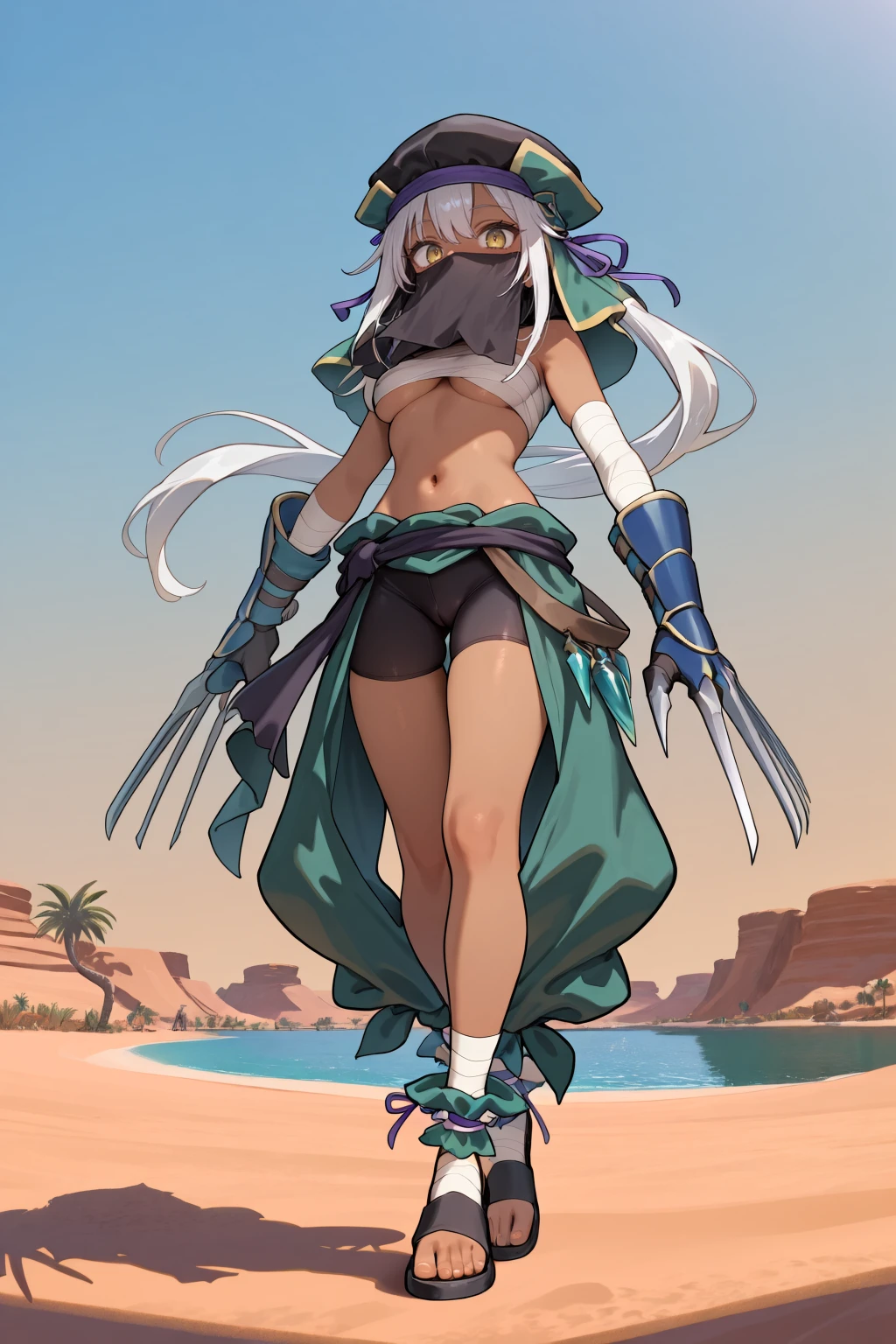 masterpiece, very aesthetic, absurdres, best quality, amazing quality, high resolution, newest, very awa, <lora:illustrious_quality_modifiers_masterpieces_v1:0.8> , <lora:ChamIllustriousBackgroundEnhancer:0.5>, ((solo)), <lora:AmareusIL:0.8> , amadef, 1girl, dark skin, yellow eyes, long hair, white hair, side ponytail, hat, ribbon, mouth veil, covered mouth, sarashi, bandaged chest, midriff, sash, bandaged arm, blue vambraces, claw (weapon), bike shorts, detached pants, bandaged ankle, ankle wrap, black sandals, full body, exterior, oasis, lake, desert, wasteland, underboob, from below, looking at viewer,