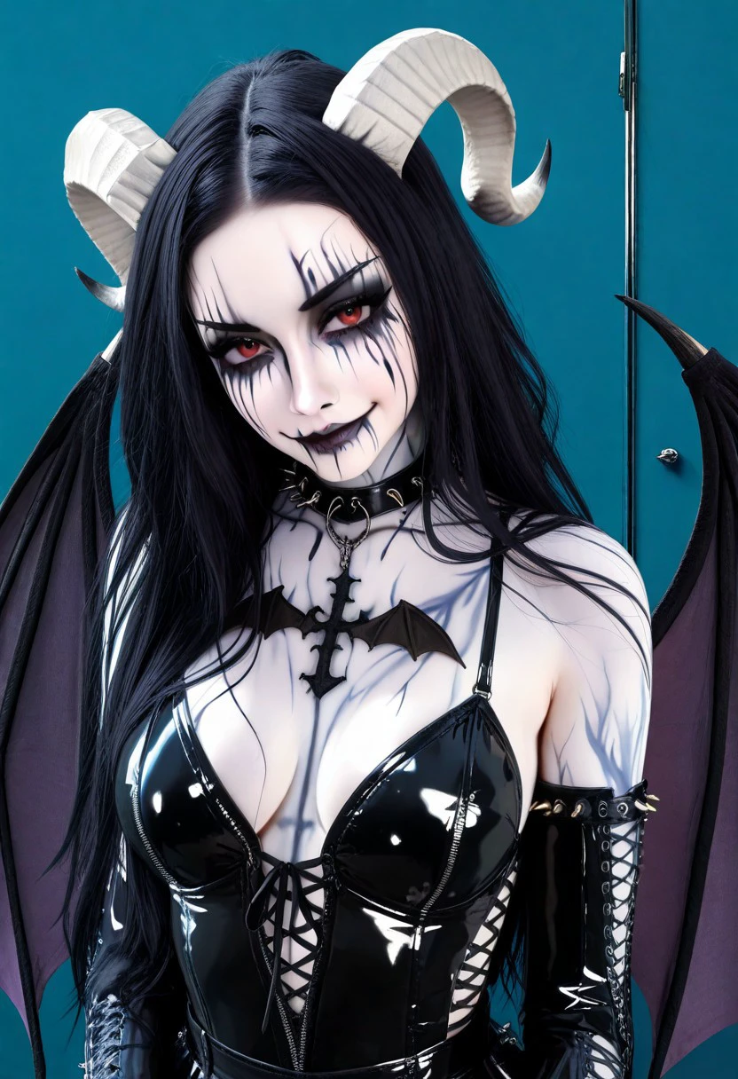 masterpiece, best quality, newest, absurdres, highres, anime, anime style, CorpsePaint-ILV1.0, 1girl, white skin, white colored skin, pale skin, albino, albino skin, horns, demon horns, demon girl, succubus, wings, bat wings, demon wings, goth, goth girl, goth makeup, runny makeup, smile, grin, closed mouth,