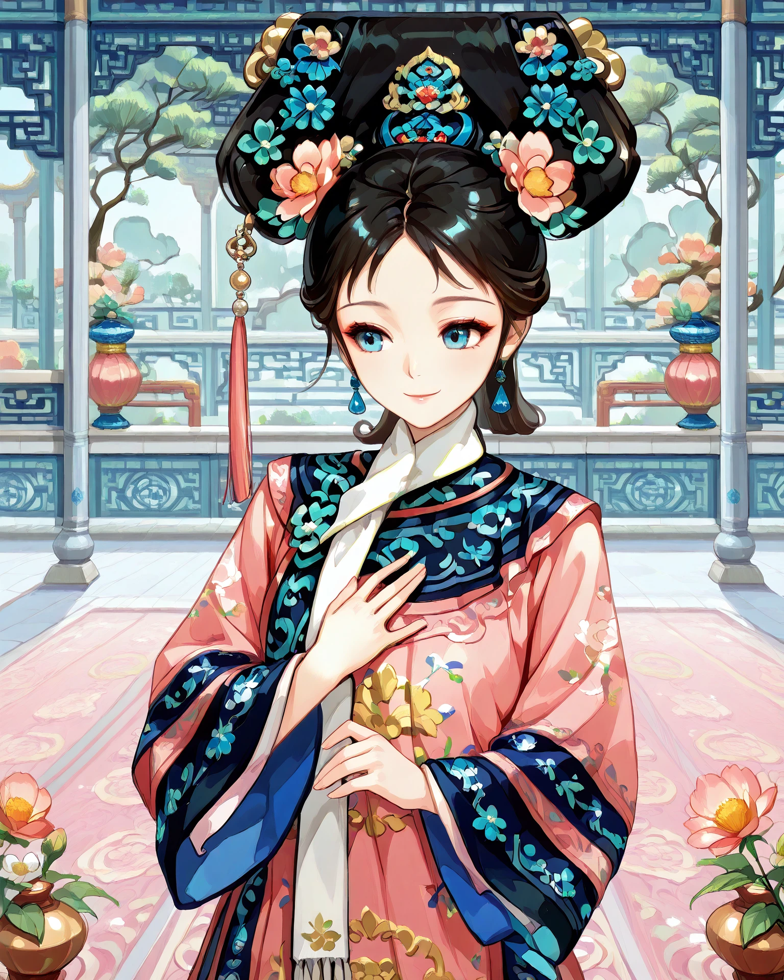 1girl, qingfa, (qingfa scarf:1,1), pink clothing, blue accents, touching own chest, large garden, chinese palace exterior, flowers, outdoors, light_smile, intricate patterned fabric, brocade, jacquard fabric, masterpiece, highest quality, absurdres, digital art, very detailed, <lora:QingFashion_Illustrious-000011:1.1>, <lora:ProAnime_PDXL:1>