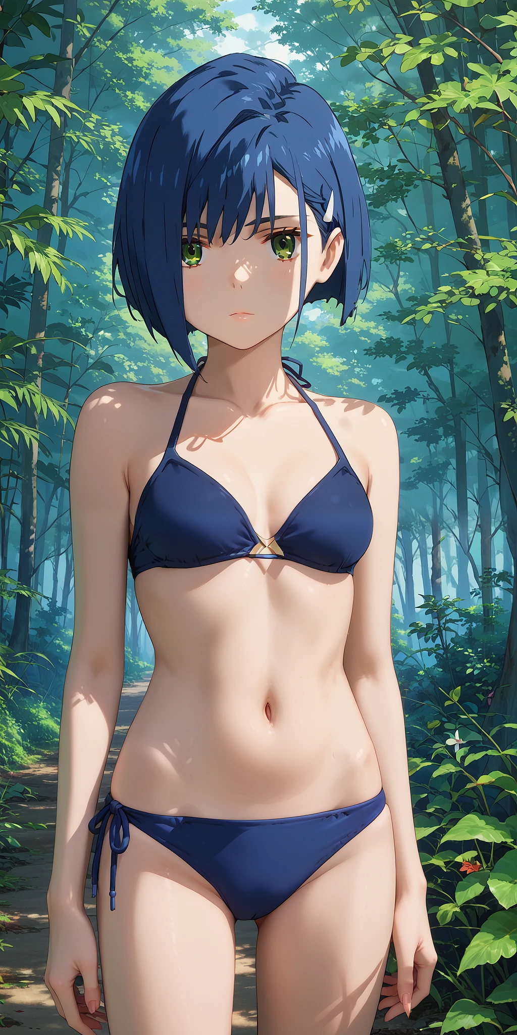 score_9, score_8_up, score_7_up, source_anime, masterpiece, best quality, perfect anatomy, very aesthetic, absurdres, 1girl, solo,
ichigo_franxx, blue hair, short hair, hairpin, green eyes,
bikini,
outdoors, forest, looking at viewer, cowboy shot,