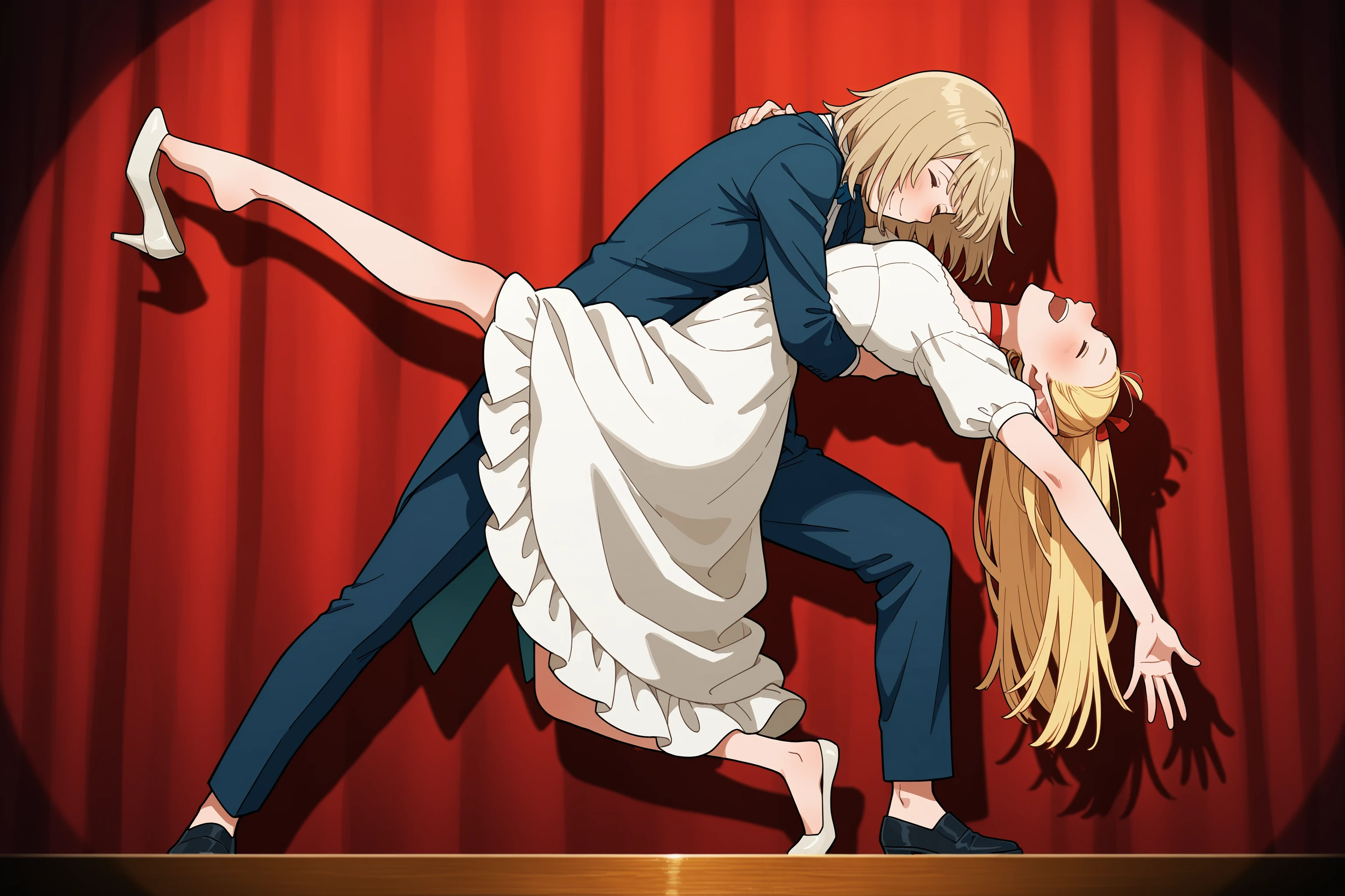 masterpiece, best quality, absurdres, safe
2girls, dancing, leg up,
falin thorden, marcille
white dress, frilled dress, suit, formal, smile, closed eyes, closed mouth, open mouth, laughing
high heels, shoe dangle
red curtains, stage, spotlight
<lora:dip_dancing_il_3_d16:1>