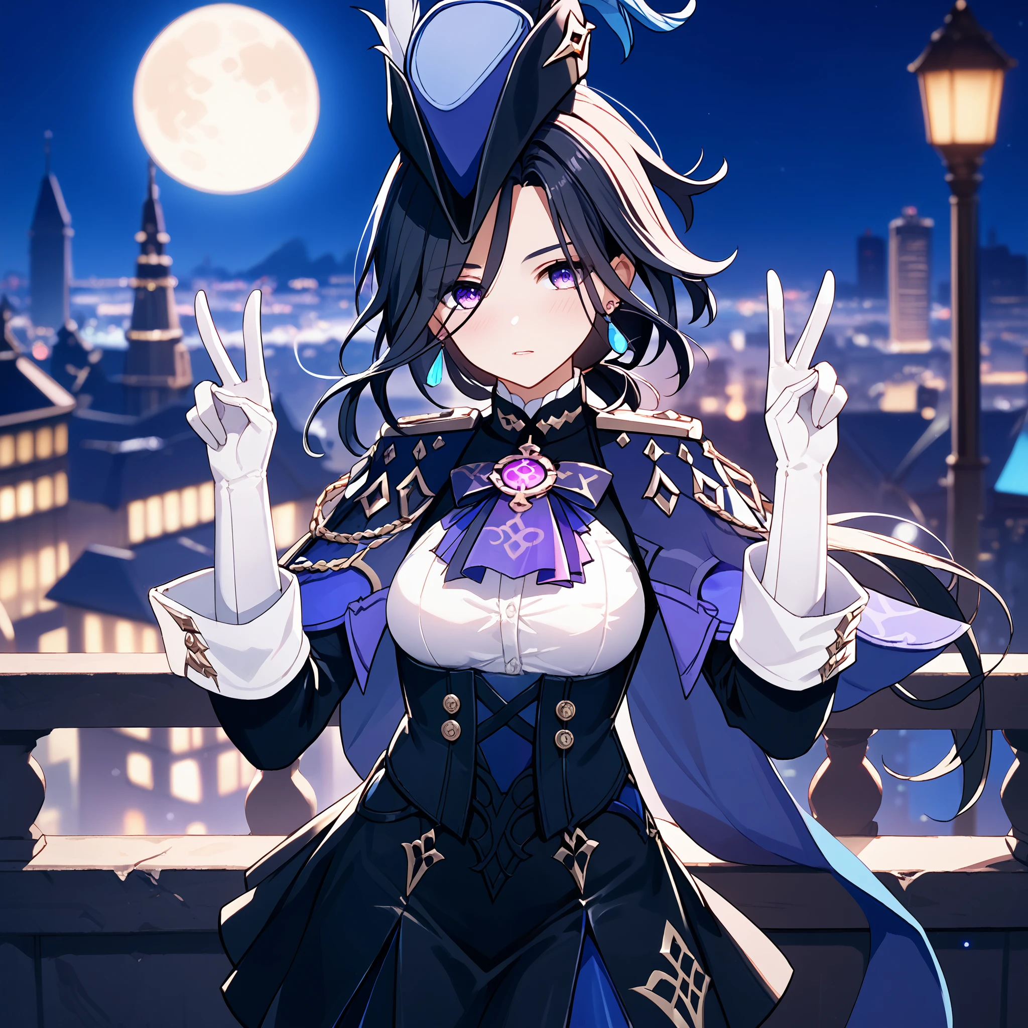 score_9, score_8_up, score_7_up, score_6_up, BREAK source_anime, look at viewer, 1girl, solo, city, full moon, night, double v, blush, depth of field, masterpiece, best quality, high detailed skin,  clorinde \(genshin impact\), purple eyes, low ponytail, long hair, black hair, earrings, blue cape, tricorne, hat feather, epaulettes, bow, white shirt, black corset, long sleeves, white gloves, black skirt, black pantyhose,