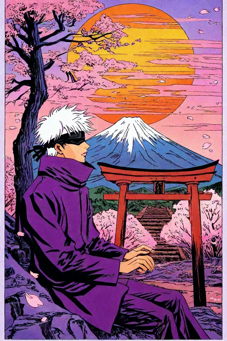 <lora:GojoSatoruPony:0.6> SatoruGojo, (gojou satoru:0.6), white hair, purple pants, high collar, blindfold, covered eyes, black blindfold, purple jacket, purple pants, 1boy, solo, alone, upper body, torii, mount fuji background, sun, cherry blossoms, petals, falling petals, tree, spring, sunset, sun, sun partially hidden by mount fuji <lora:retro_comic_fantasy_illustriousXL-000019:1>, retro, comic, fantasy, masterpiece, highres