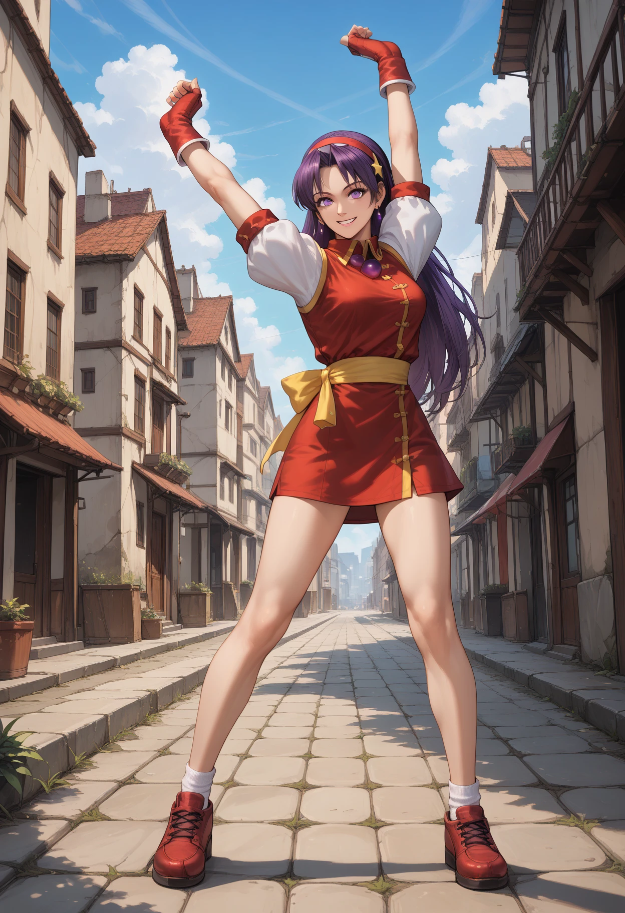 score_9, score_8_up, score_7_up, score_6_up, detailed drawing, <lora:add-detail-xl:2>, <lora:StS_PonyXL_Detail_Slider_v1.4_iteration_3:4>, <lora:NM_kof_athena:1>, BREAK NM_kof_athena, 1girl, solo, gloves, purple hair, hairband, long hair, fingerless gloves, hair ornament, red hairband, jewelry, smile, star (symbol), star hair ornament, full body, dress, earrings, purple eyes, short dress, breasts, legs, arms up, standing, stretching, shoes, socks, bare legs, medium breasts, puffy sleeves