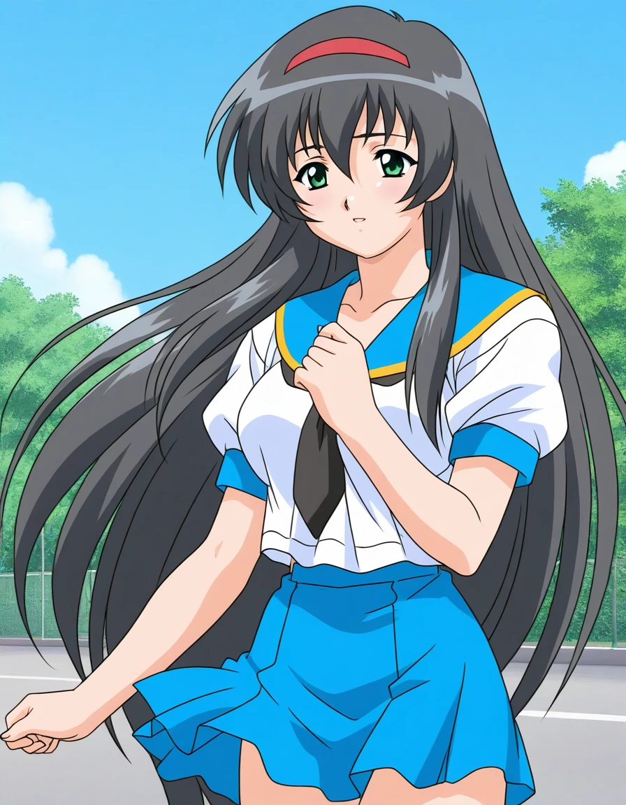 general,highres, ultra-detailed,very aesthetic,best quality ,best hands, BREAK <lora:Himeno_Yuuri_OVA_IS:1> Himeno_Yuuri_OVA, 1girl,solo, black hair, long hair, green eyes, red hairband, large breasts, bangs, sidelocks, hair between eyes
school uniform, blue sailor collar, 2000s (style), anime coloring, down arms,
asphalt, day, sky, sunshine,