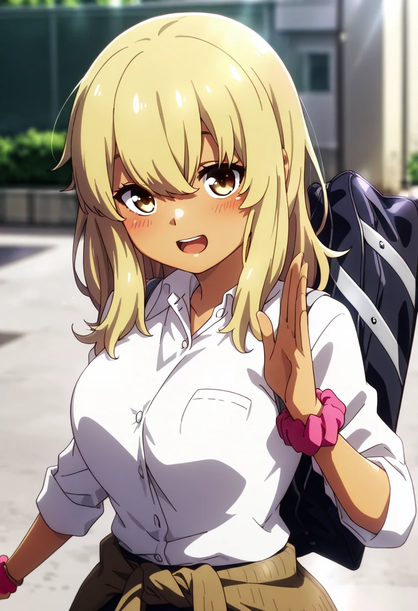 masterpiece, best quality, solo, zzKanaHiga, 1girl, solo, long hair, breasts, looking at viewer, blush, smile, open mouth, bangs, skirt, blonde hair, shirt, hair between eyes, brown eyes, medium breasts, school uniform, yellow eyes, white shirt, upper body, :d, shiny, collared shirt, dark skin, bag, blurry, dark-skinned female, dress shirt, blurry background, scrunchie, school bag, wrist scrunchie, clothes around waist, gyaru, pink scrunchie ,<lora:OkitsuraStyleIXL:1.0>,