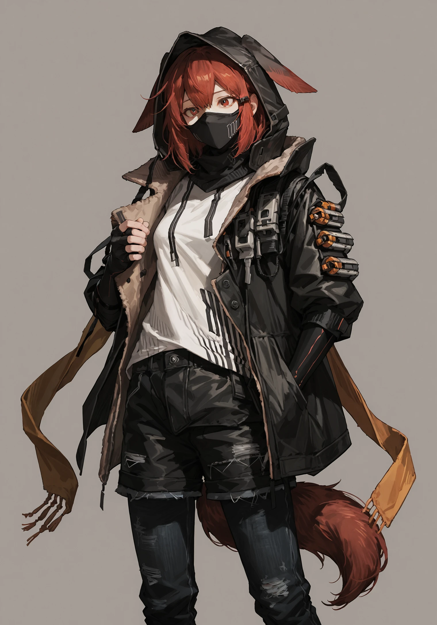 score_9, score_8, score_7_up masterpiece, high quality, embedding:zPDXL3,
1girl, solo, crownslayer, animal ears, tail, red eyes, short hair, red hair, bangs, hair between eyes,
jacket, hood, (hood up:1.2), white shirt, pants, shorts, elbow gloves, mask, masked face, scarf, CS_armwear, hairclip,
standing, fullbody, simple background