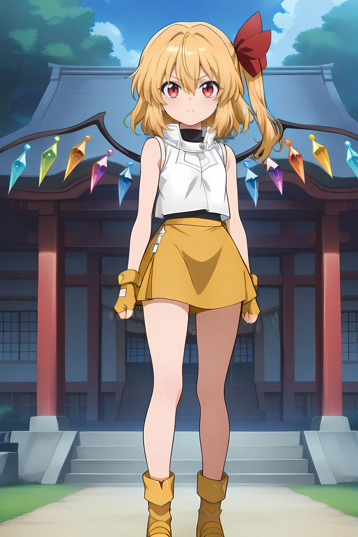 absurdres, highres, masterpiece, best quality, amazing quality, official anime artwork, screencap, anime screencap, looking at viewer, serious, outside, shrine,
<lora:Flandre-Scarlet_Illustrious:1> flandre scarlet, 1girl, solo, red eyes, blonde hair, one side up, hair between eyes, wings,,
<lora:GX_Academy_Outfit:0.8> GX-Academy Outfit, sleeveless, bare shoulders, turtleneck, skirt, fingerless gloves, miniskirt, gloves, jacket, sleeveless jacket, yellow skirt, yellow gloves, white jacket, yellow boots, yellow jacket, black shirt,