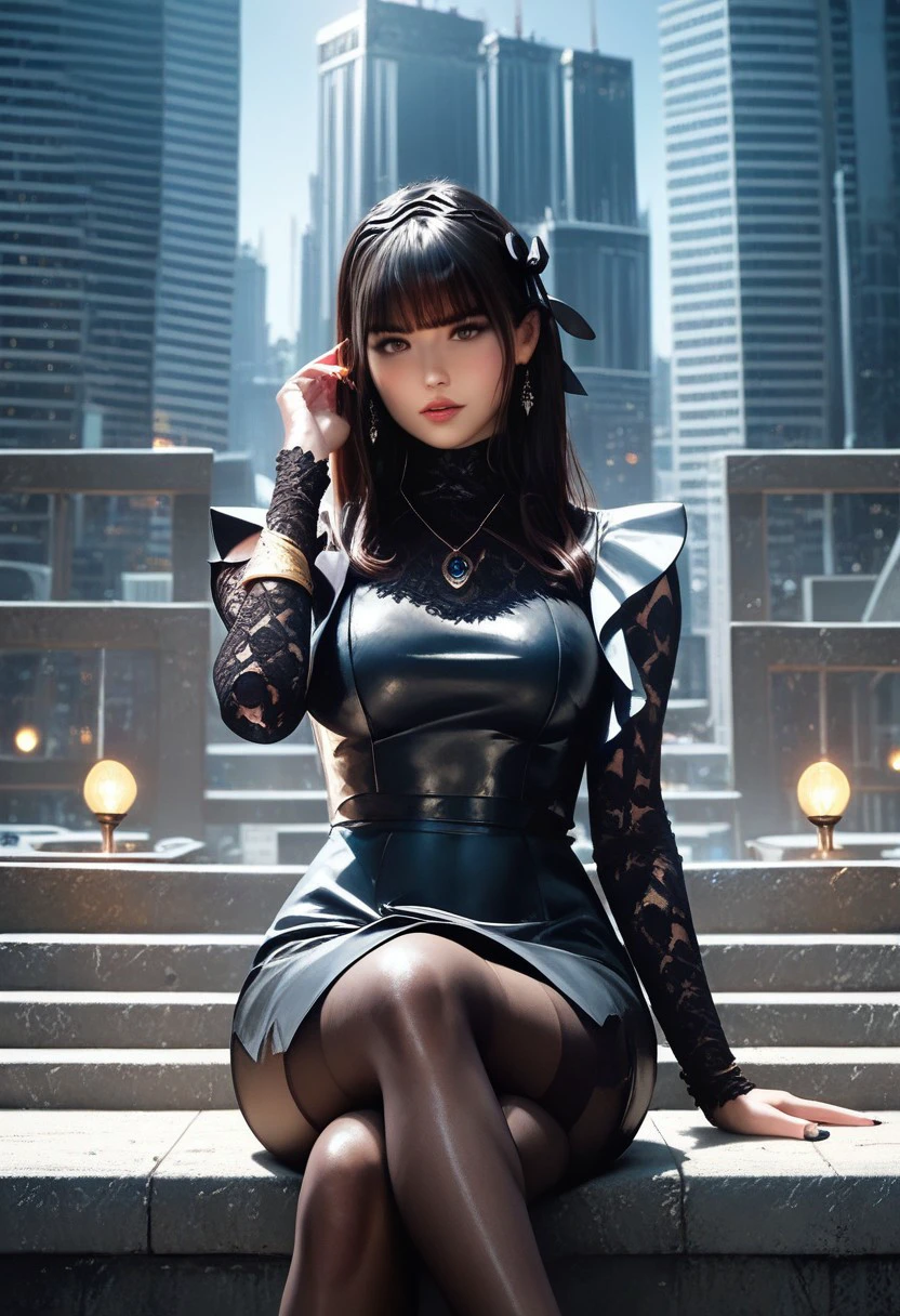 score_9, score_8_up, score_7_up, score_6_up, score_5_up, depth of field,lens flare,realistic,Best quality,masterpiece,ultra high res,rating_explicit,  no hands,
1girl,1girl,Carmeara,black leather jacket, black dress,black hair band,lace sleeves,bracelet,high heels,black stockings,necklace,bangs,large breast,
from the front view,from below,sitting,sitting on chair,crossed legs,full body,inside,city,looking at viewer,head rest,expected eyes,from front,narrow waist,wide hips,labratory, Best quality,masterpiece,soft light,official art,masterpiece,high quality,highres,absurdres,epic scene,natural textures,highest quality,8K,Ultra-HD,ultra detail,epic scene,natural textures,