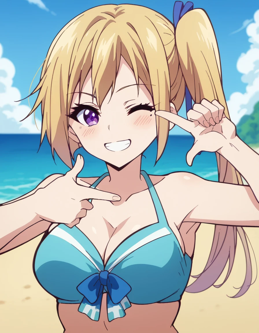 score_9, score_8_up, score_7_up, source_anime, <lora:mai-kawakami-s1-ponyxl-lora-nochekaiser:1>, mai kawakami, blonde hair, hair ribbon, long hair, mole, mole under eye, ribbon, side ponytail, purple eyes, large breasts, <lora:finger-frame-ponyxl-lora-nochekaiser:1>, finger frame, hands up,, one eye closed, smile, teeth, beach, bikini, swimsuit, looking at viewer, blush,,
