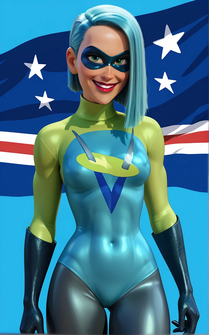 score_9, score_8_up, score_7_up, absurdres,portrait, american flag, flag background, smile, vertical stripes, striped, star symbol, <lora:PONYXL_Incredibles2_Voyd_ownwaifu:0.9>, BREAK MainOutfit_Voyd_ownwaifu, 1girl, aqua hair, green eyes, asymmetrical hair, blue hair, hair over one eye, domino mask, elbow gloves, eye mask, blue bodysuit, green bodysuit, green gloves, green legwear, green mask, logo, medium hair, superhero, superhero costume, two-tone bodysuit, lipstick, makeup, red lips, medium breasts, skin tight, turtleneck, multicolored bodysuit, nose, thick thighs, yellow skin, 3d, <lora:add-detail-xl:0.15>,