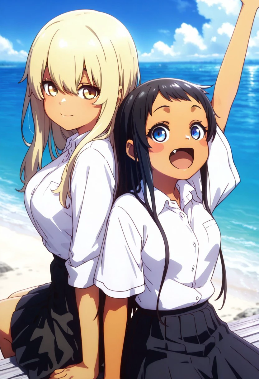 masterpiece, best quality, vivid color, long hair, looking at viewer, smile, open mouth, blue eyes, multiple girls, skirt, blonde hair, shirt, black hair, 2girls, sitting, school uniform, yellow eyes, white shirt, :d, pleated skirt, outdoors, sky, day, fang, dark skin, black skirt, arm up, dark-skinned female, ocean, beach,
