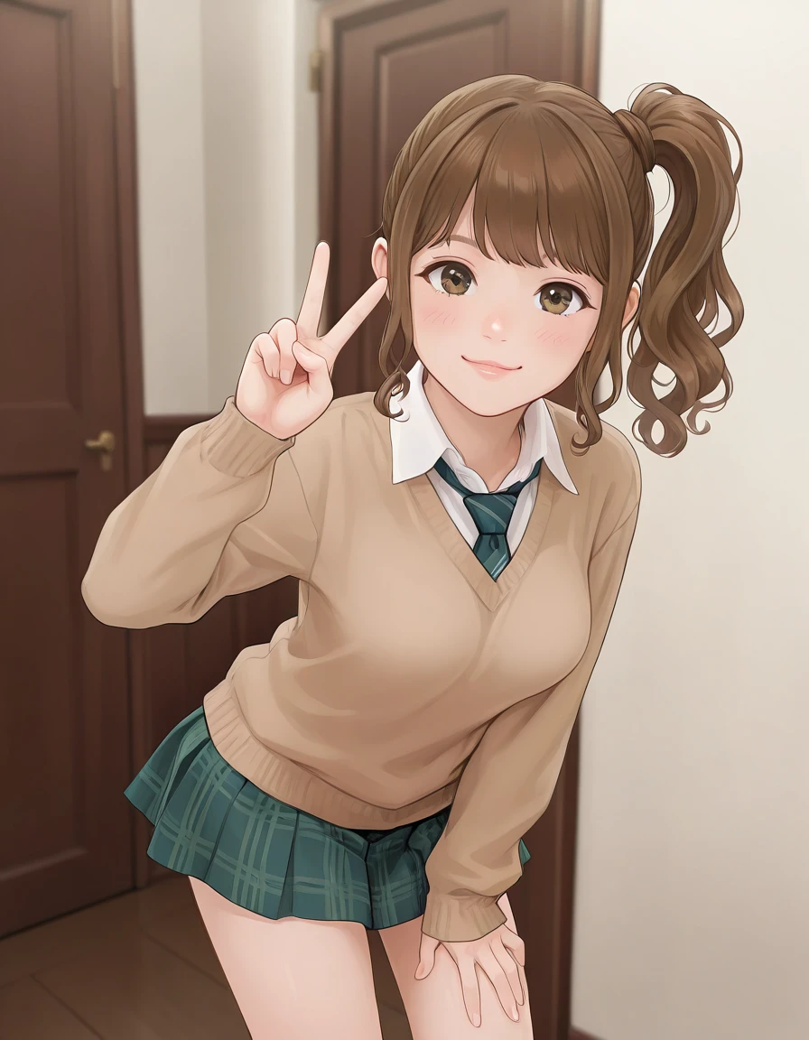 green plaid skirt, side ponytail, sidelocks, wavy hair, brown hair, necktie, brown sweater, v, medium breasts,
<lora:redlight_style_illustrious_v3:.8>