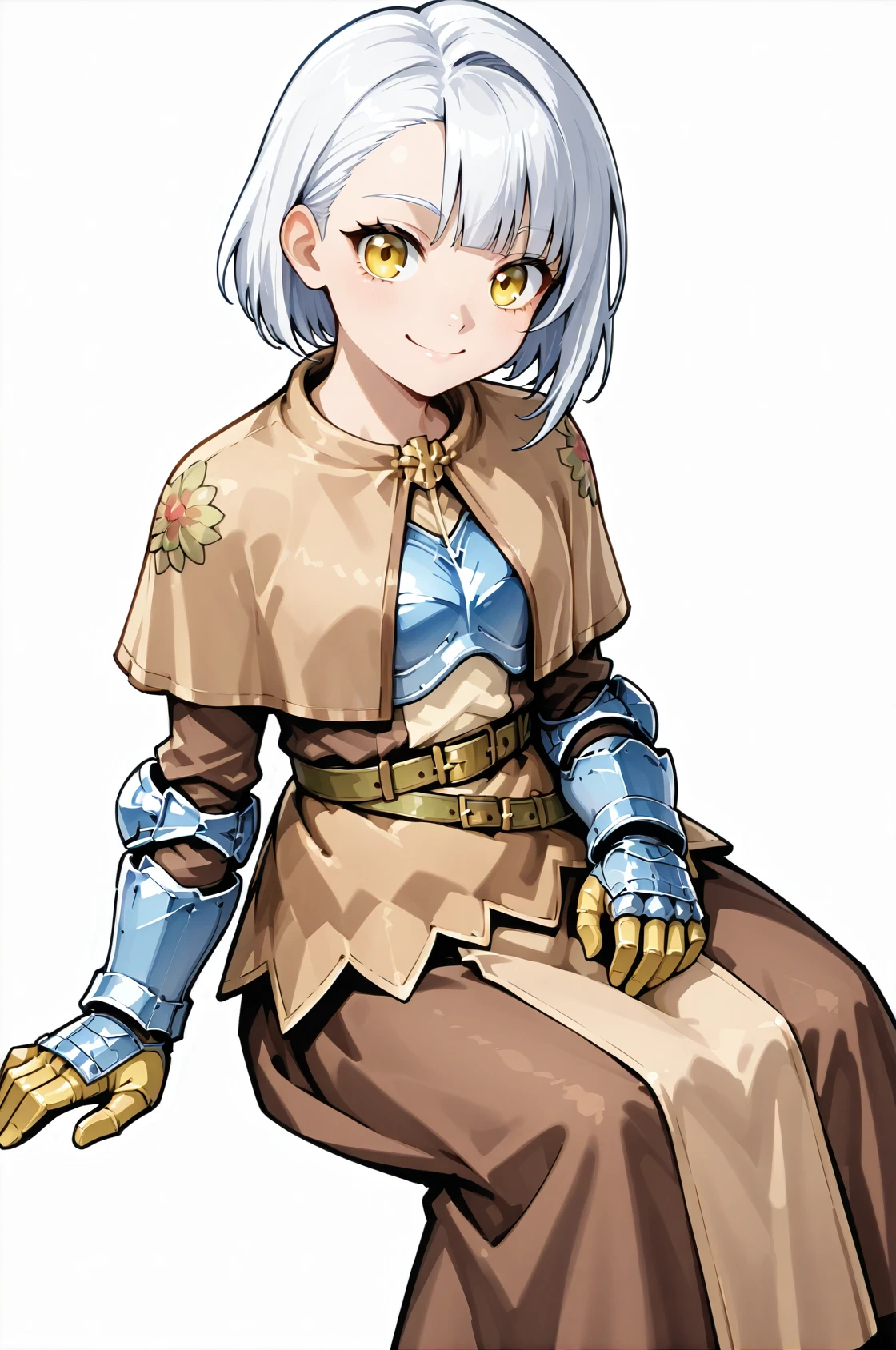 swdro, breastplate, brown capelet, dress, belt, armored gloves, long skirt, brown skirt, gauntlet, yellow gloves, frills,
looking at viewer,
short hair, white hair, yellow eyes, asymmetrical bangs, sitting, smile, white background,
<lora:swordROIllustV5.0:1>