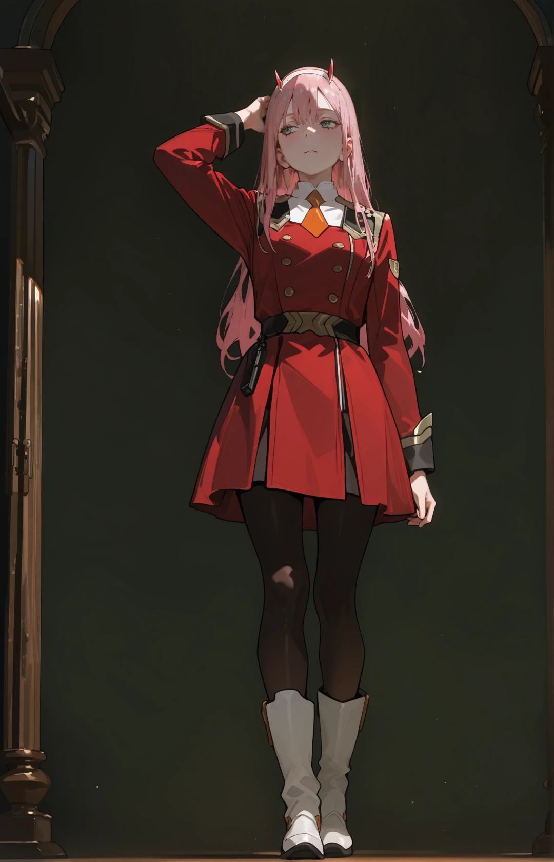 perfect quality,high quality,masterpiece,best quality,amazing quality,very aesthetic,absurdres,Cinematic Lighting,newest,
front view,full_shot,Eyebrow furrow,
ZeroTwoCYQL,1girl,solo,pink hair,long hair,bangs,horns,hairband,white hairband,green eyes,uniform,military uniform,dress,red dress,double-breasted,necktie,orange necktie,short necktie,long sleeves,pantyhose,black pantyhose,boots,white footwear,
full body,standing,arm_above_head,,
darkgreen background,simple background,
<lora:spo_sdxl_10ep_4k-data_lora_webui:0.5>,<lora:illustrious_all_rated_v1:0.6>,<lora:748cmSDXL:0.8>,748cmstyle,<lora:DarkerThanBlackIllustrious:0.5>,<lora:EtherSDXL:0.5>,EtherStyle,<lora:ZeroTwoCYQL:1>,