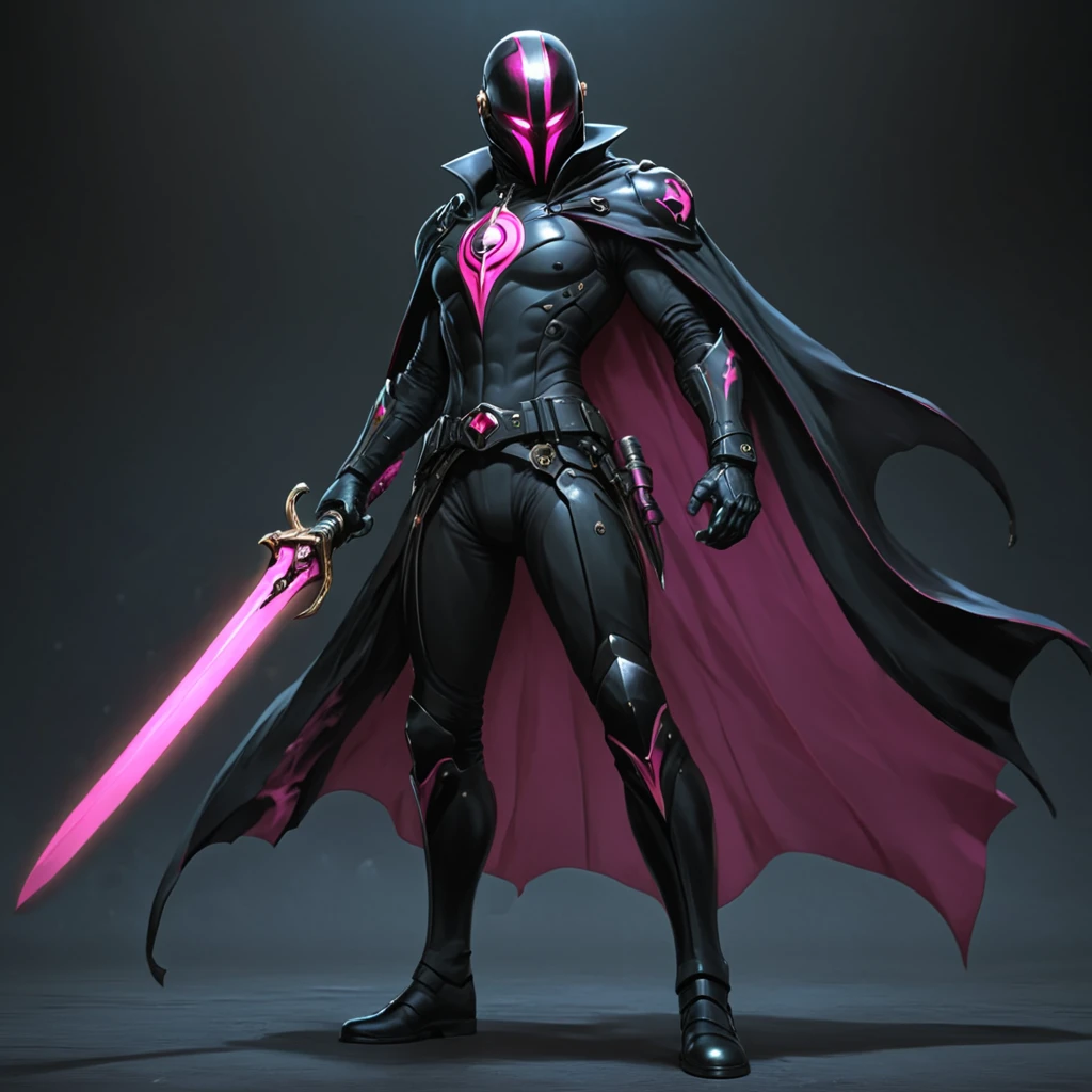 <lora:Crimson_LuminarySDXL:1> ArsMJStyle, Crimson Luminary, The image shows a man in a black suit holding a pink sword in front of a dark background. He is wearing a mask and is standing in a heroic pose ready to take on any challenge. The image is animated giving it a dynamic and powerful feel., weapon, holding, sword, solo, holding weapon, cape, holding sword, 1girl, black cape, helmet