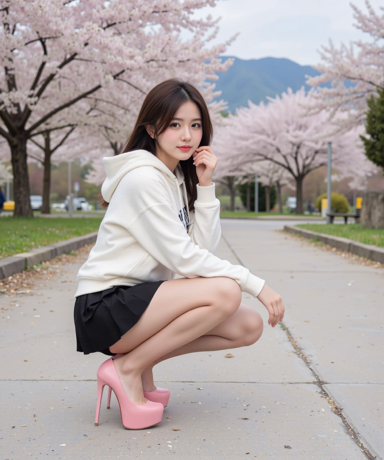 The image shows a woman squatting in front of the camera.

The photo seems like it is taken in a national park, in a concrete pathway that leads to cherry blossom trees. At the distance there are mountains.

The girl wears a white hoodie and a black pleated mini skirt, she accompanies her outfit with some pink high heels known as daffs with its iconic red soles. Her underwear is visible to the viewer.

Here body is facing directly toward the viewer but she is slightly looking away from the camera with a timid expression on her face.

